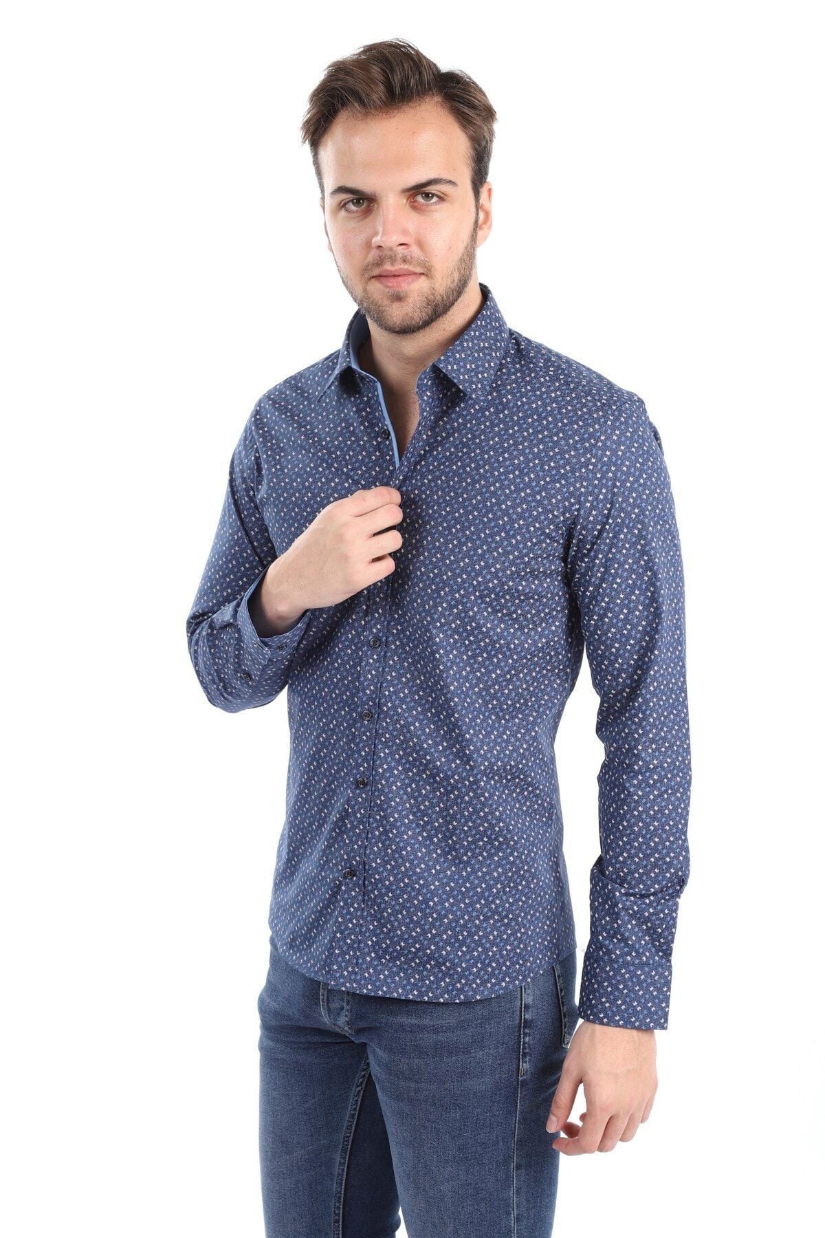 Baskılı Lacivert Slim Fit Gömlek