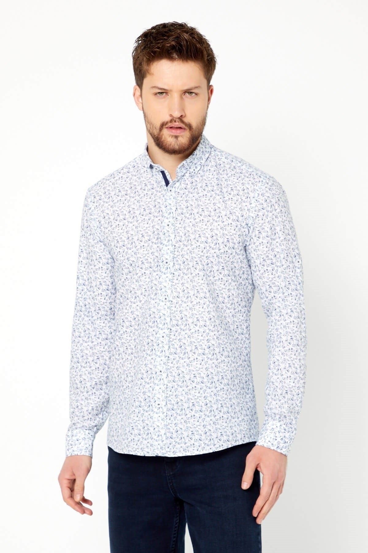%100 Pamuk Keten Lacivert Baskılı Slim Fit Uzun Kol Keten Gömlek