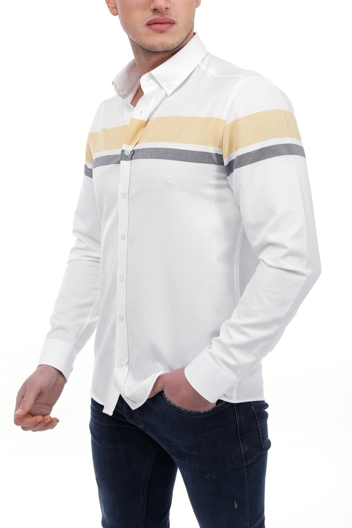 Sarı Panolo Beyaz Slim Fit Gömlek