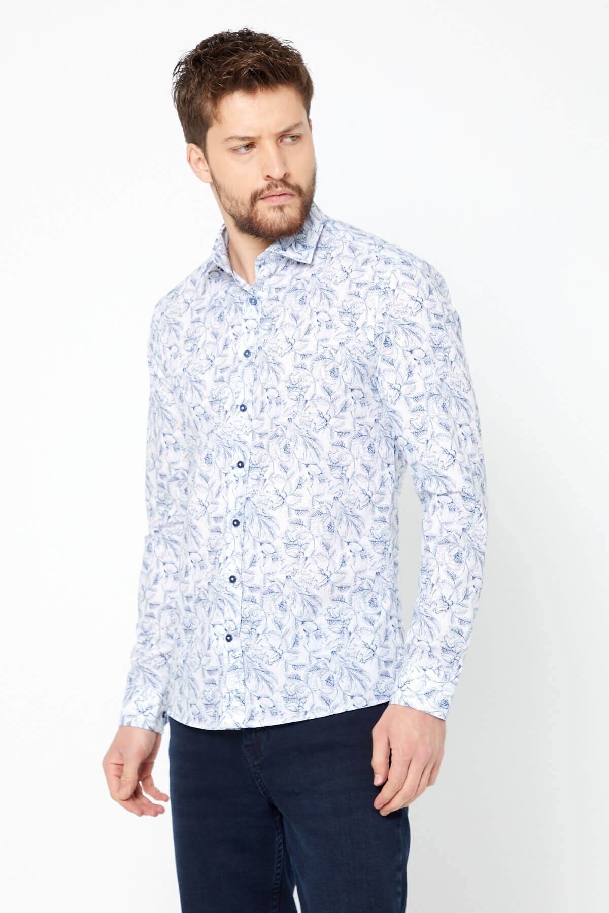 Lacivert Baskılı Beyaz Slim Fit Uzun Kol Gömlek
