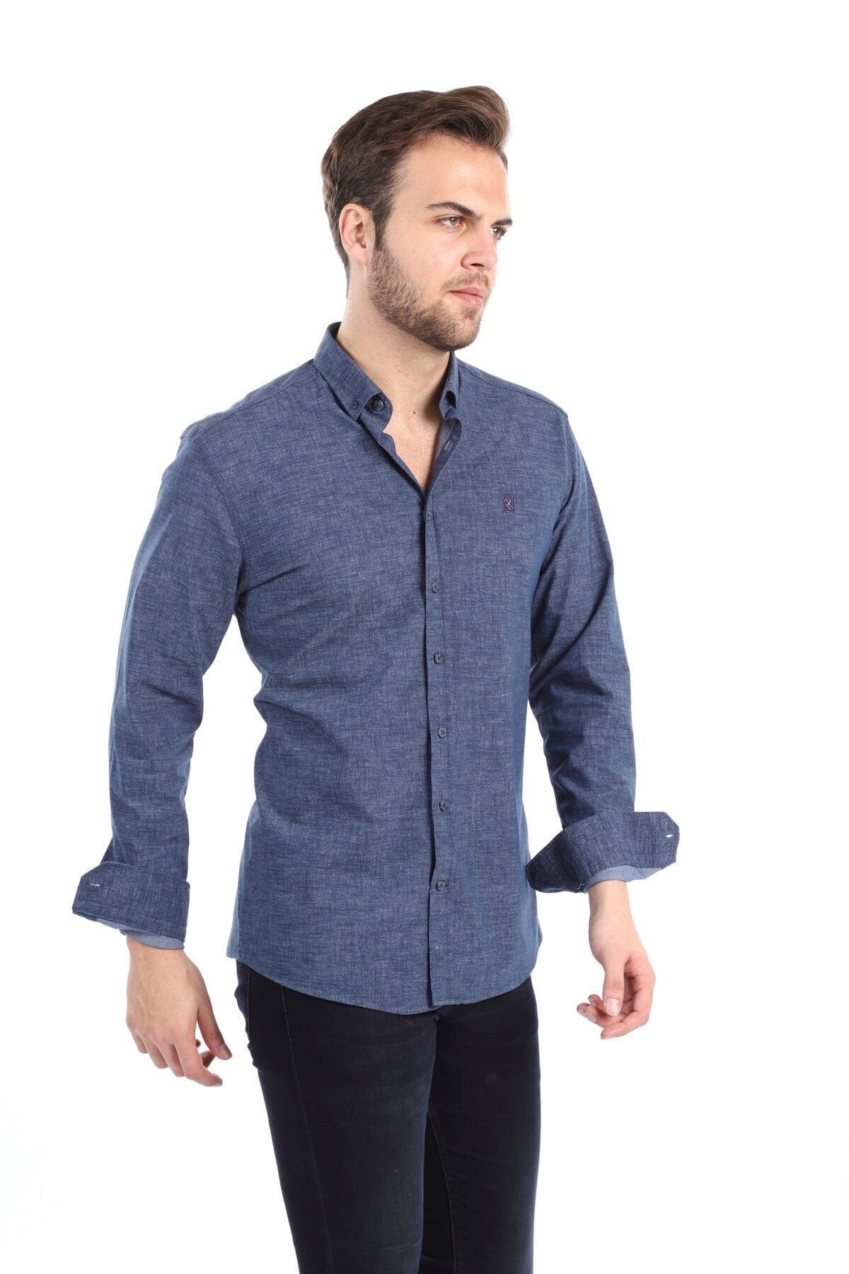 Baskılı Lacivert Slim Fit Gömlek