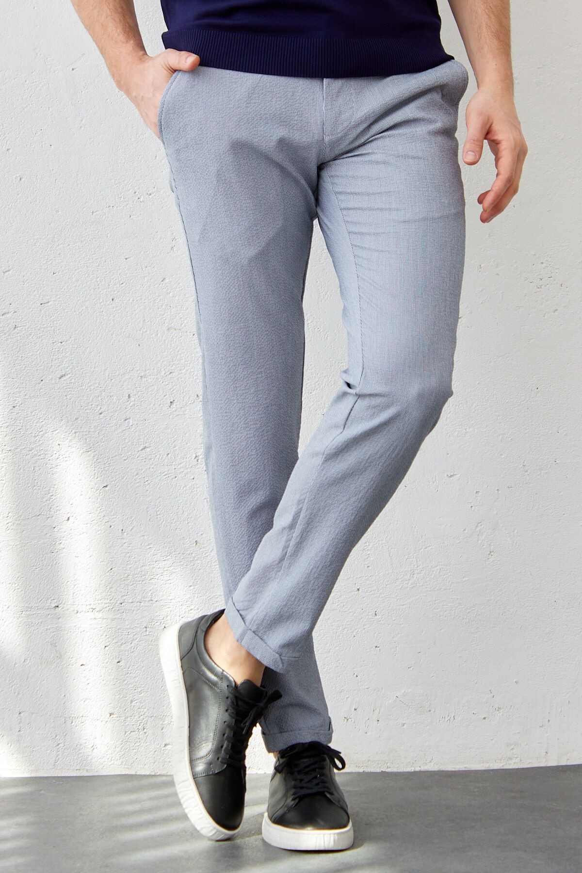 Erkek Beli Lastikli Bağcıklı İnce Çizgili Gofre Dokuma Likralı Esnek Modern Slim Fit Jogger Pantolon