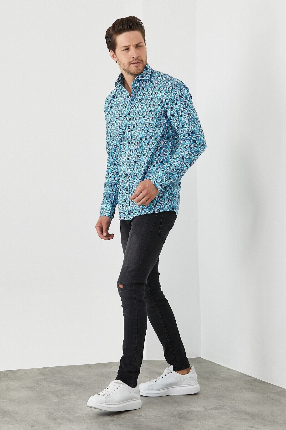 Erkek Pamuklu Dijital Baskı Desenli Dar Kesim Slim Fit Gömlek