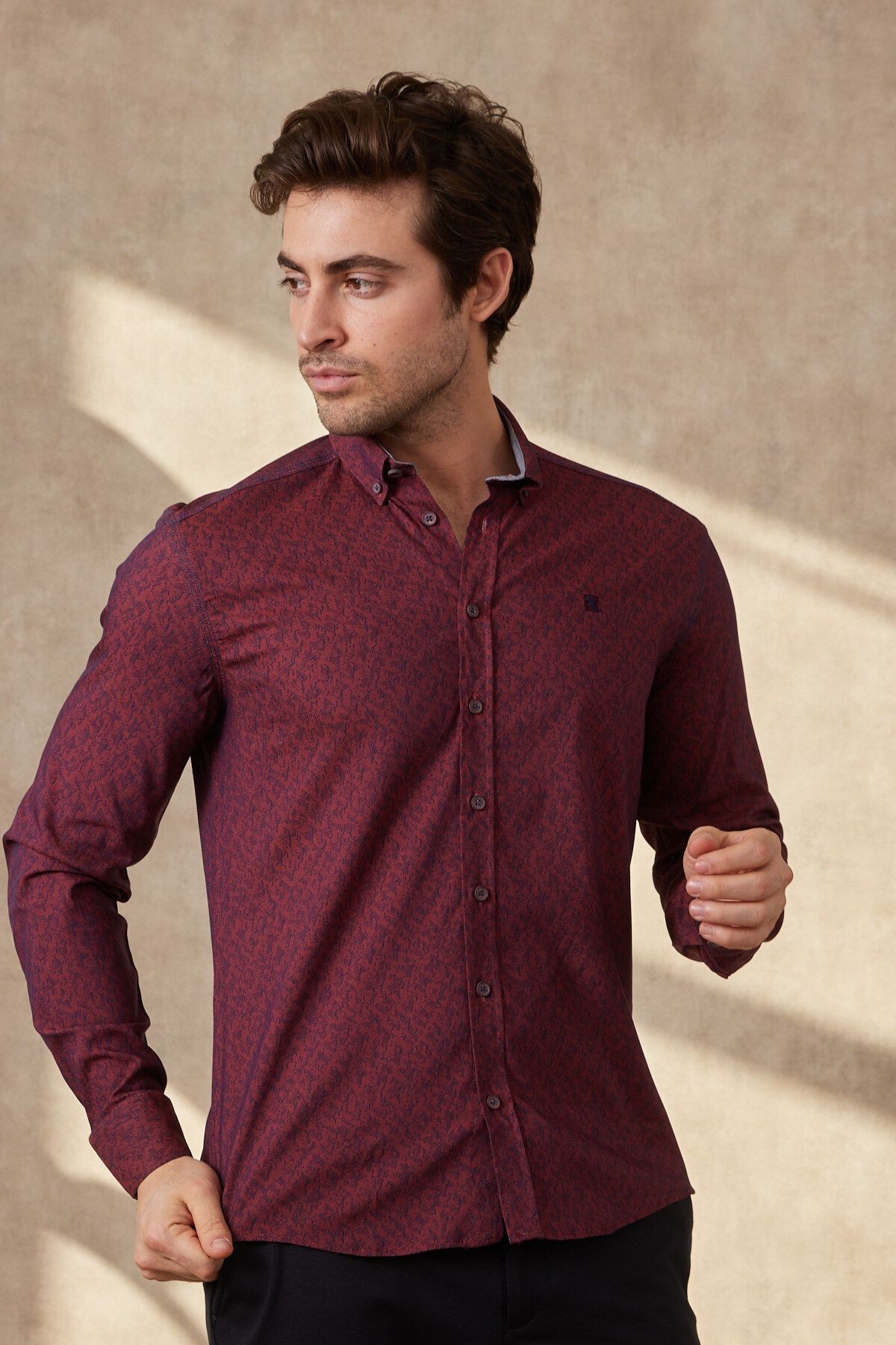 Erkek Baskılı Bordo Modern Slim Fit Uzun Kol Gömlek