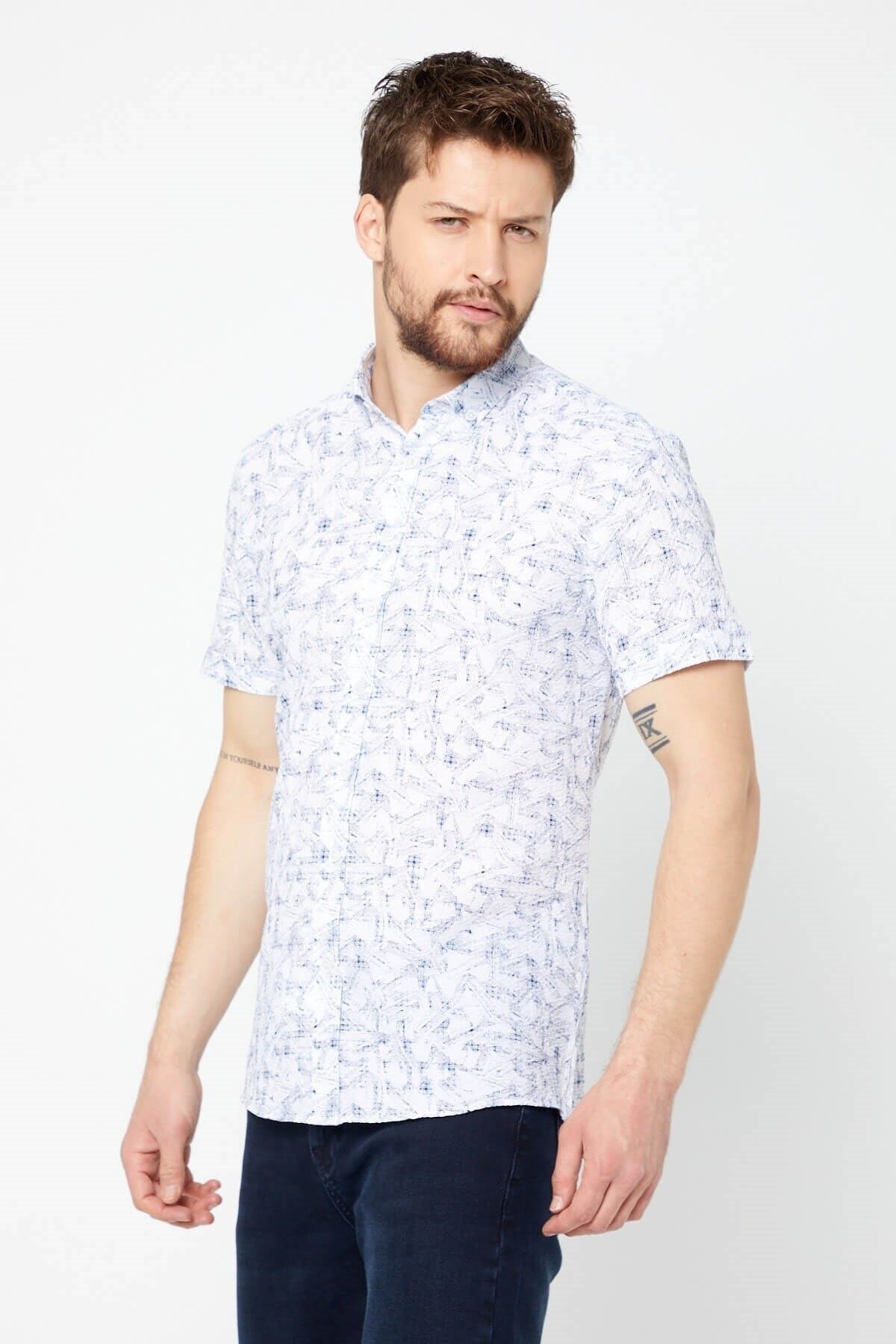 Gofre Baskılı Beyaz Slim Fit Kısa Kol Gömlek