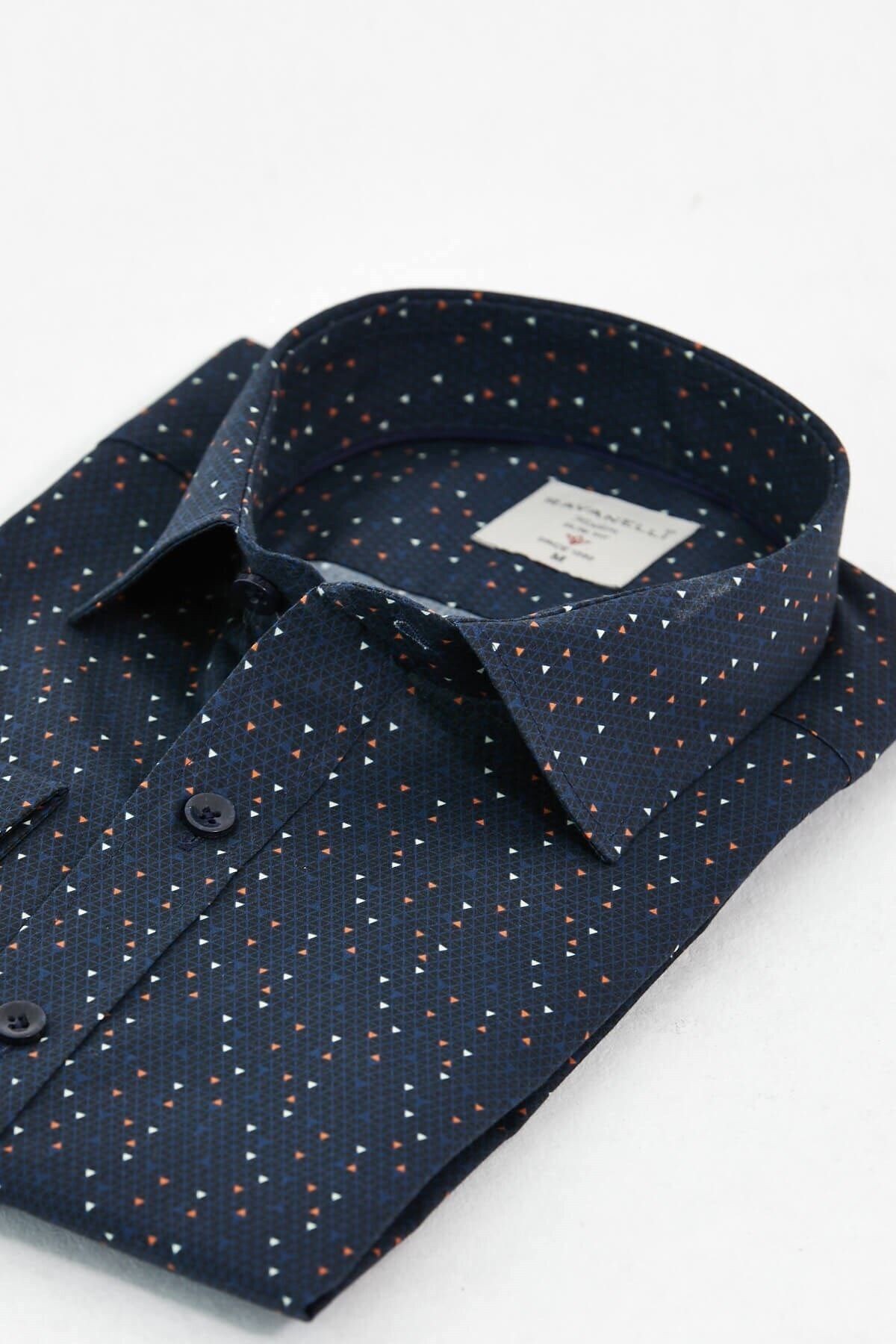 Lacivert Baskılı Slim Fit Uzun Kol Gömlek