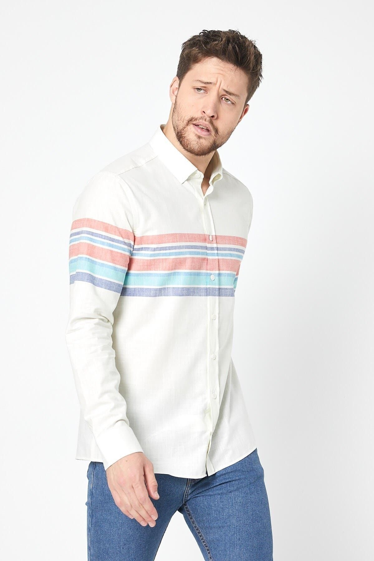Keten Kırmızı Panolo Beyaz Slim Fit Uzun Kol Gömlek