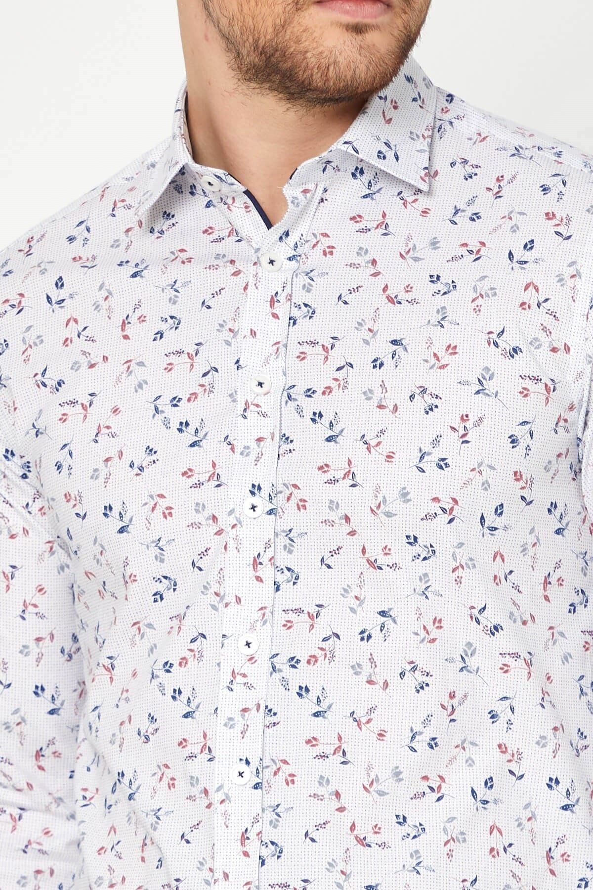 Lacivert Baskılı Beyaz Slim Fit Uzun Kol Gömlek