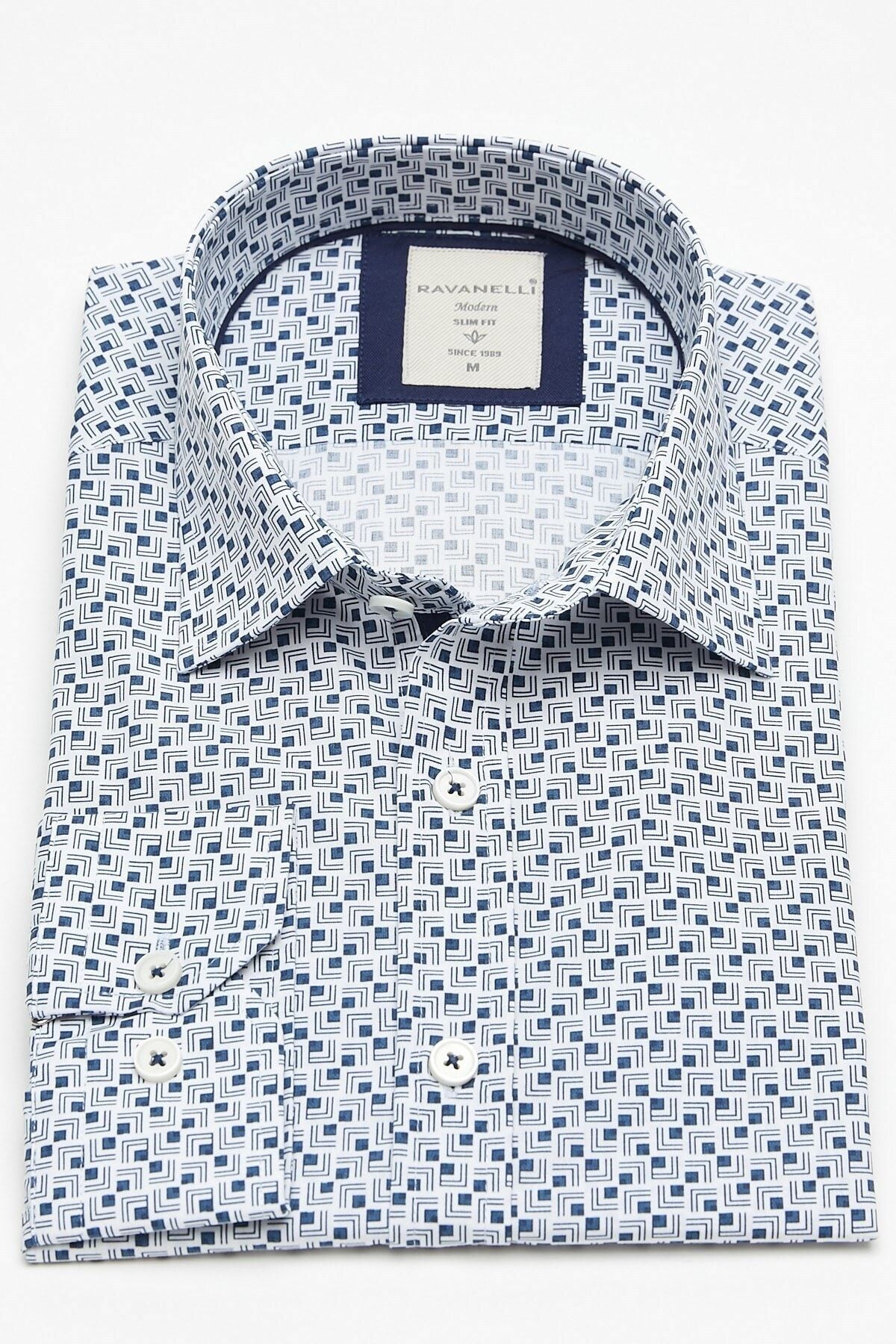 Lacivert Baskılı Beyaz Slim Fit Uzun Kol Gömlek