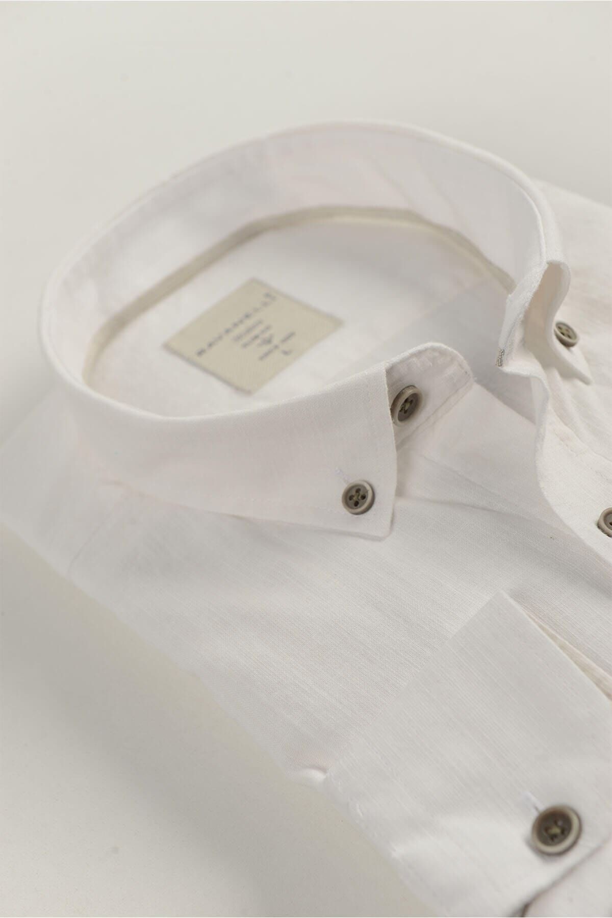 Keten Kırık Beyaz Slim Fit Uzun Kol Gömlek