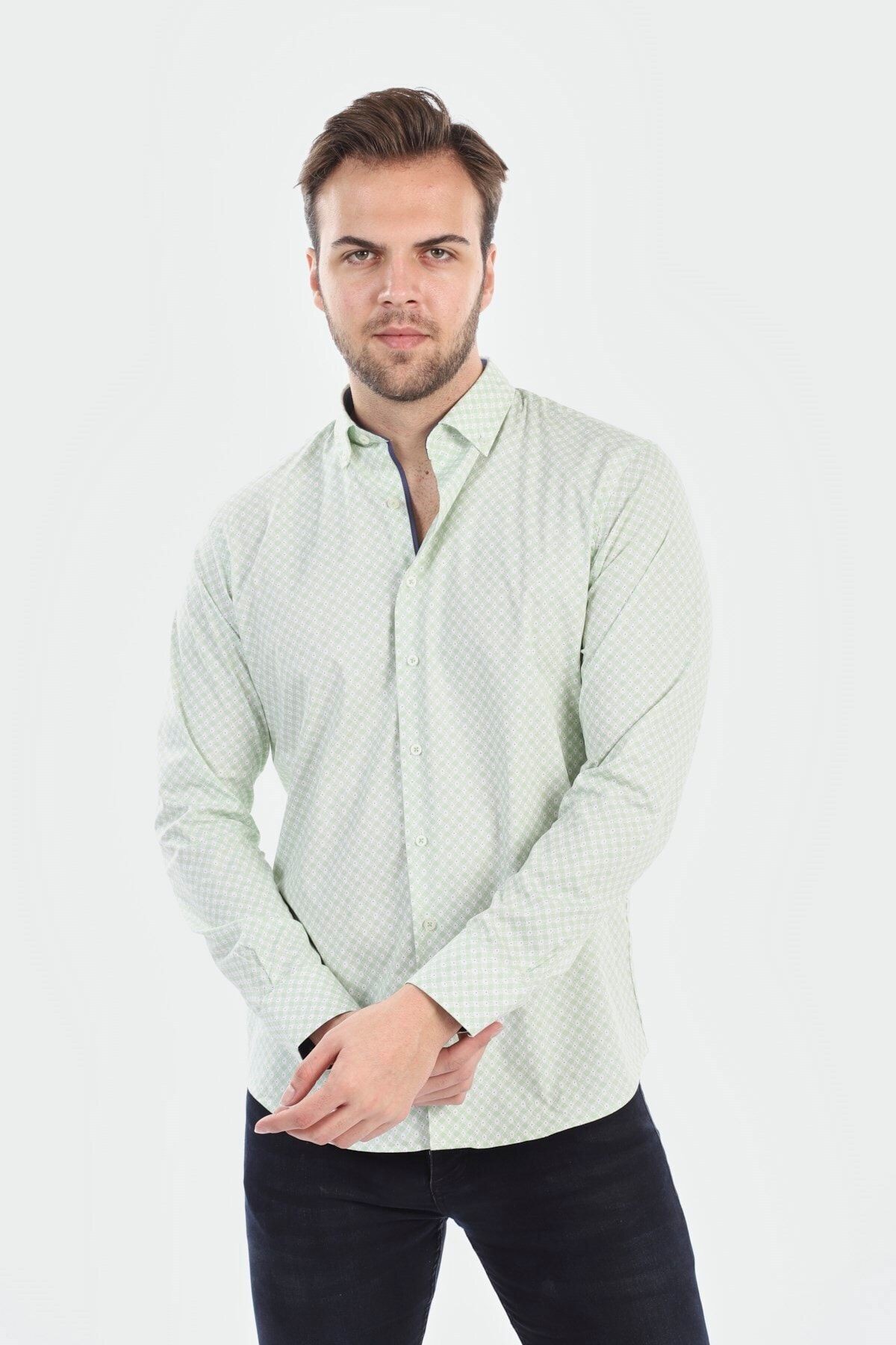 Baskılı Yeşil Slim Fit Gömlek