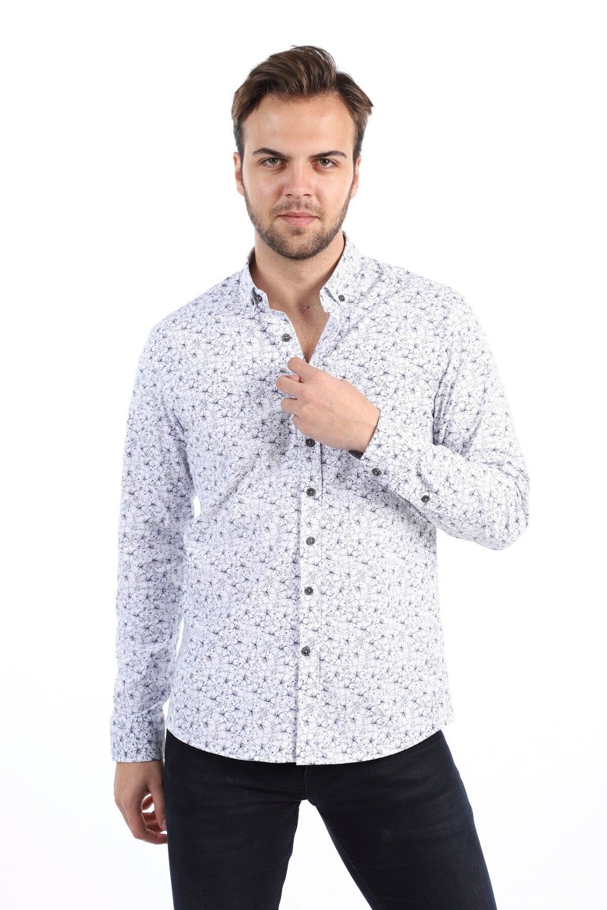 Baskılı Beyaz Slim Fit Likralı Gömlek