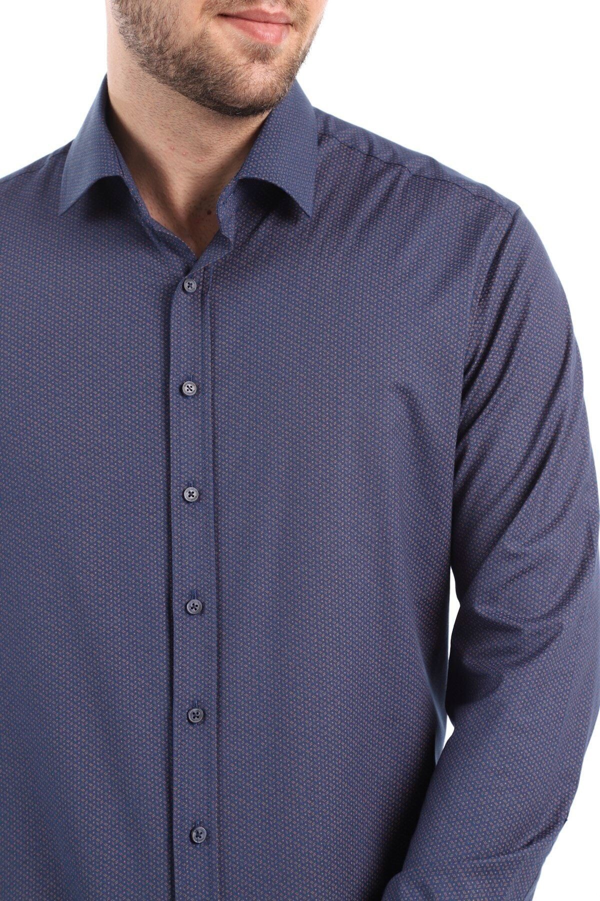 Baskılı Lacivert Slim Fit Likralı Gömlek