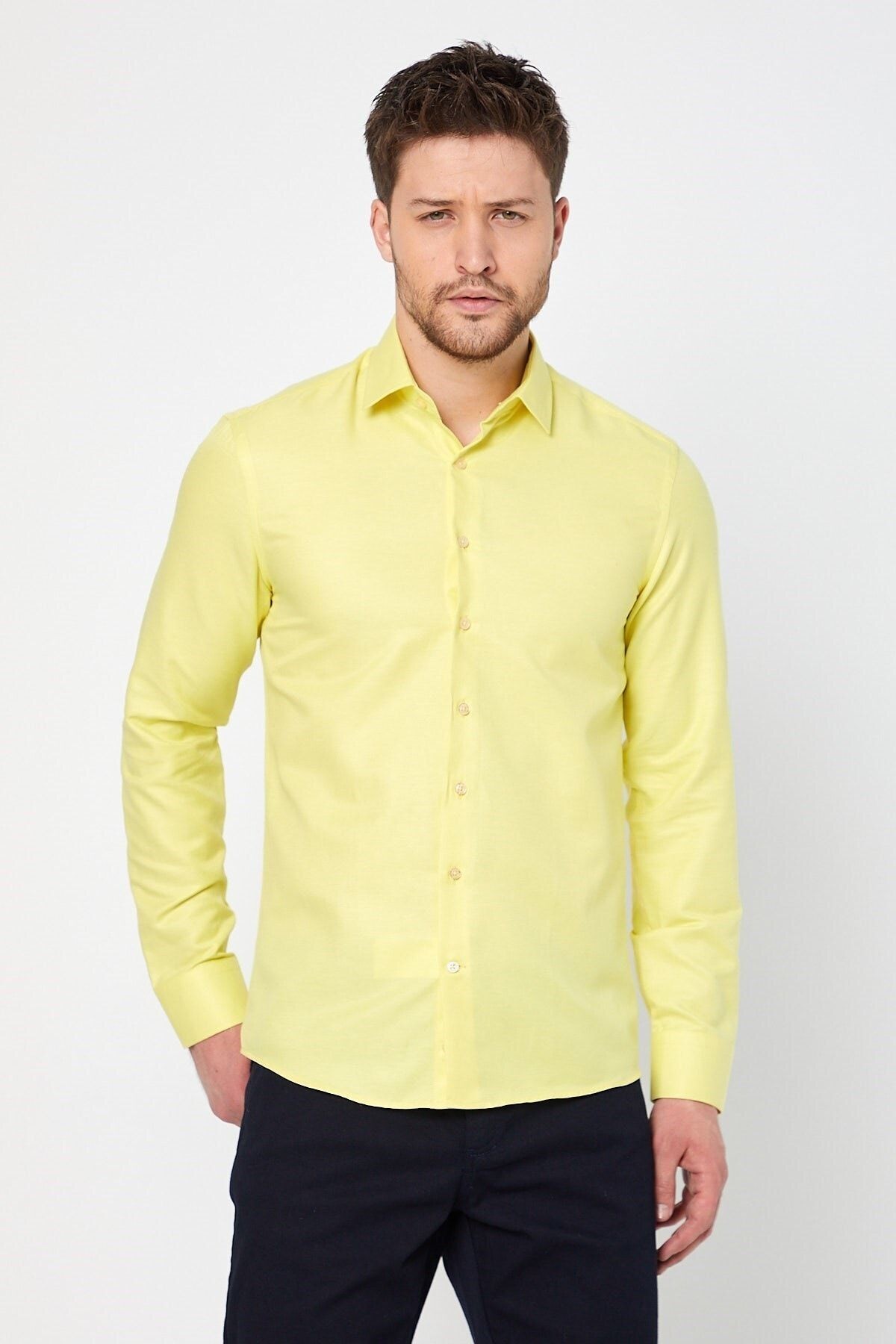 Sarı Slim Fit Uzun Kol Gömlek