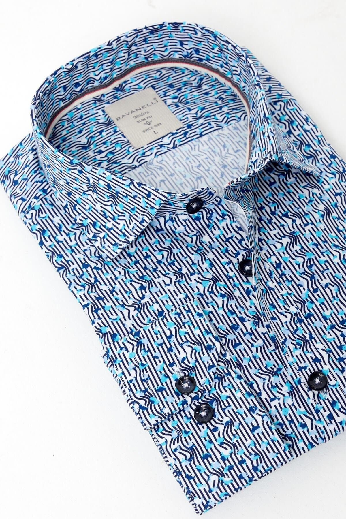 %100 Pamuk Turkuaz Baskılı Slim Fit Uzun Kol Gömlek