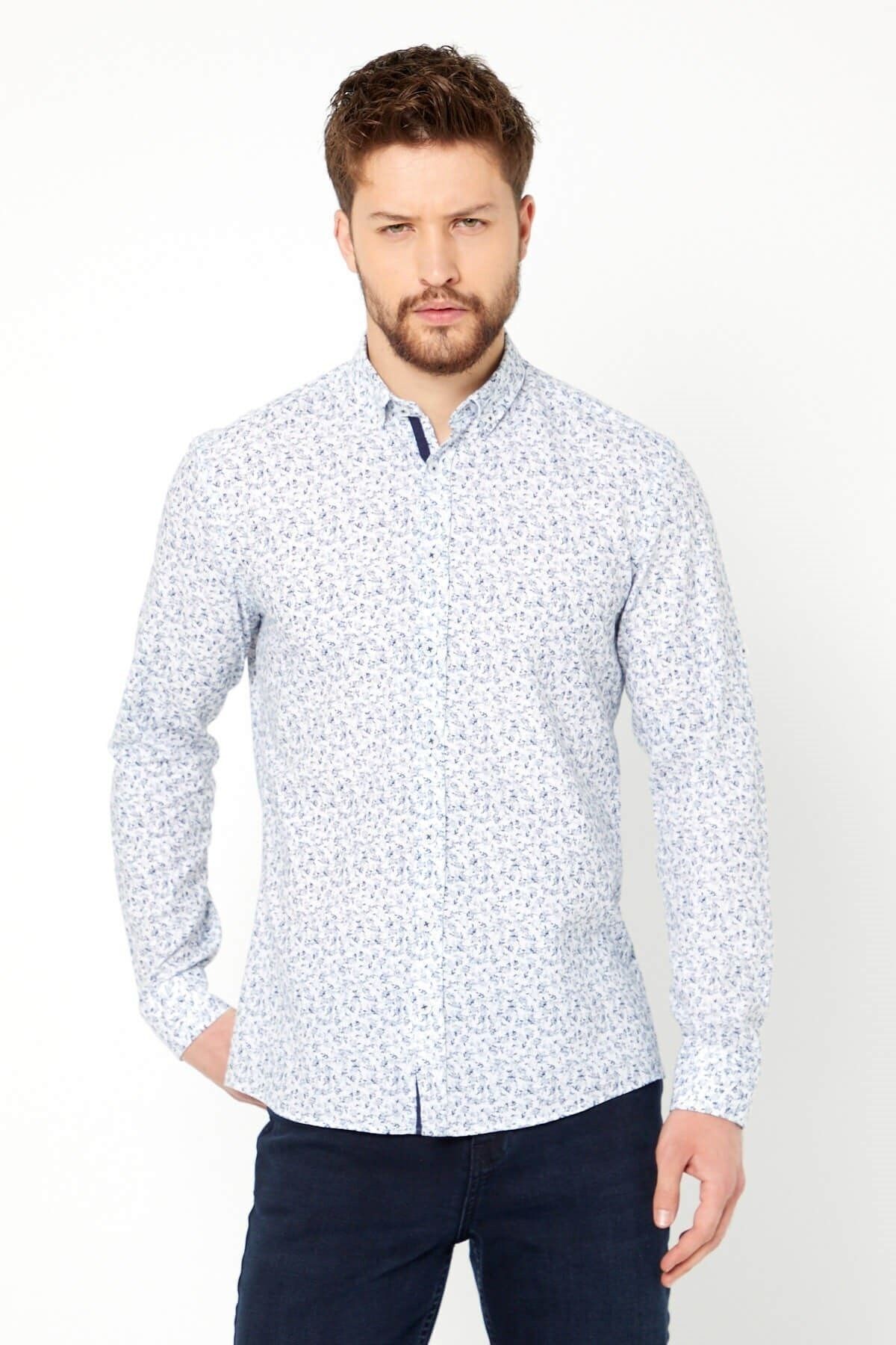 %100 Pamuk Keten Lacivert Baskılı Slim Fit Uzun Kol Keten Gömlek