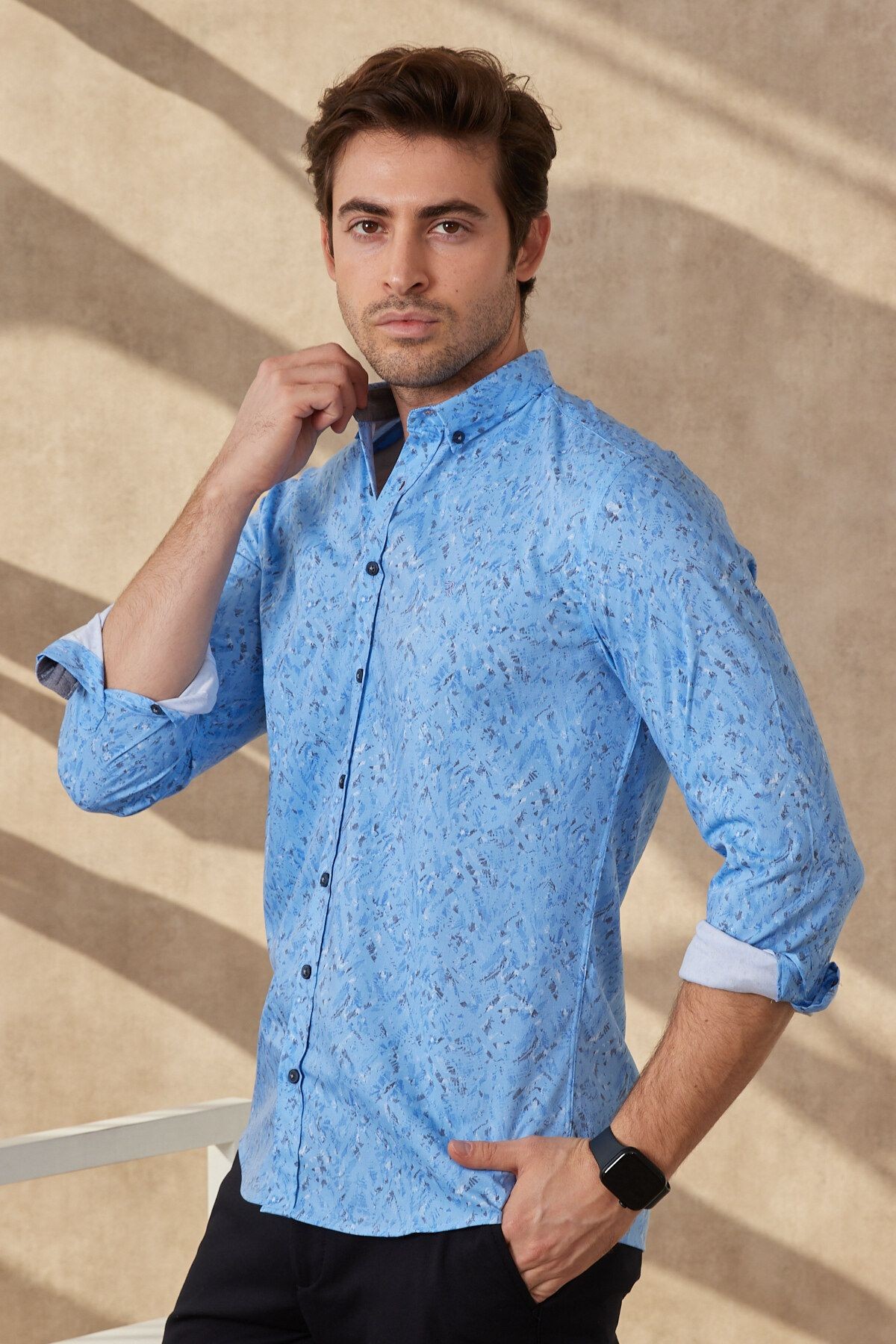 Erkek Baskılı Mavi Modern Slim Fit Uzun Kol Gömlek