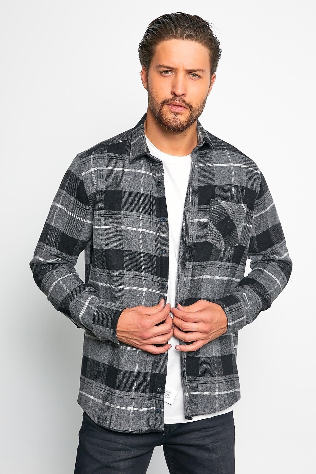 Siyah Slim Fit Oduncu Gömlek