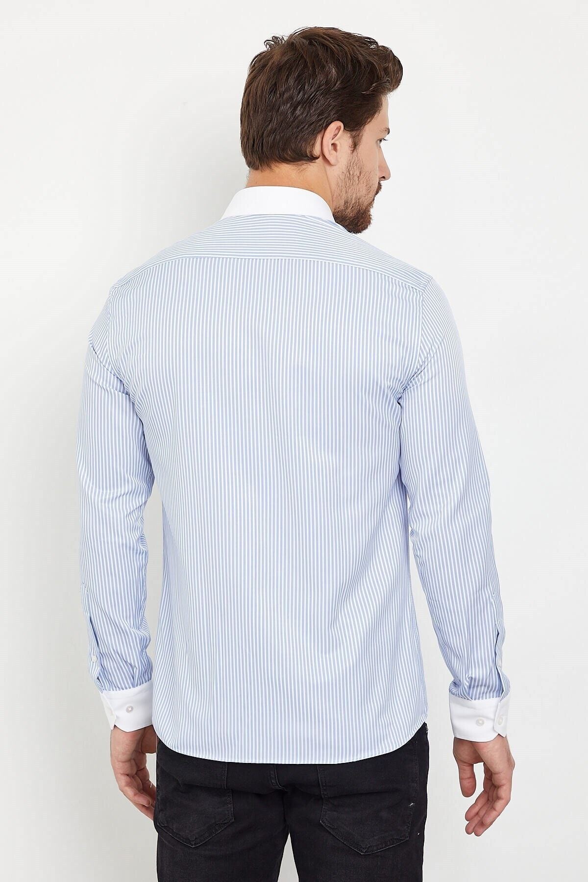 Beyaz Yakalı Mavi Beyaz Çizgili Slim Fit Uzun Kol Gömlek