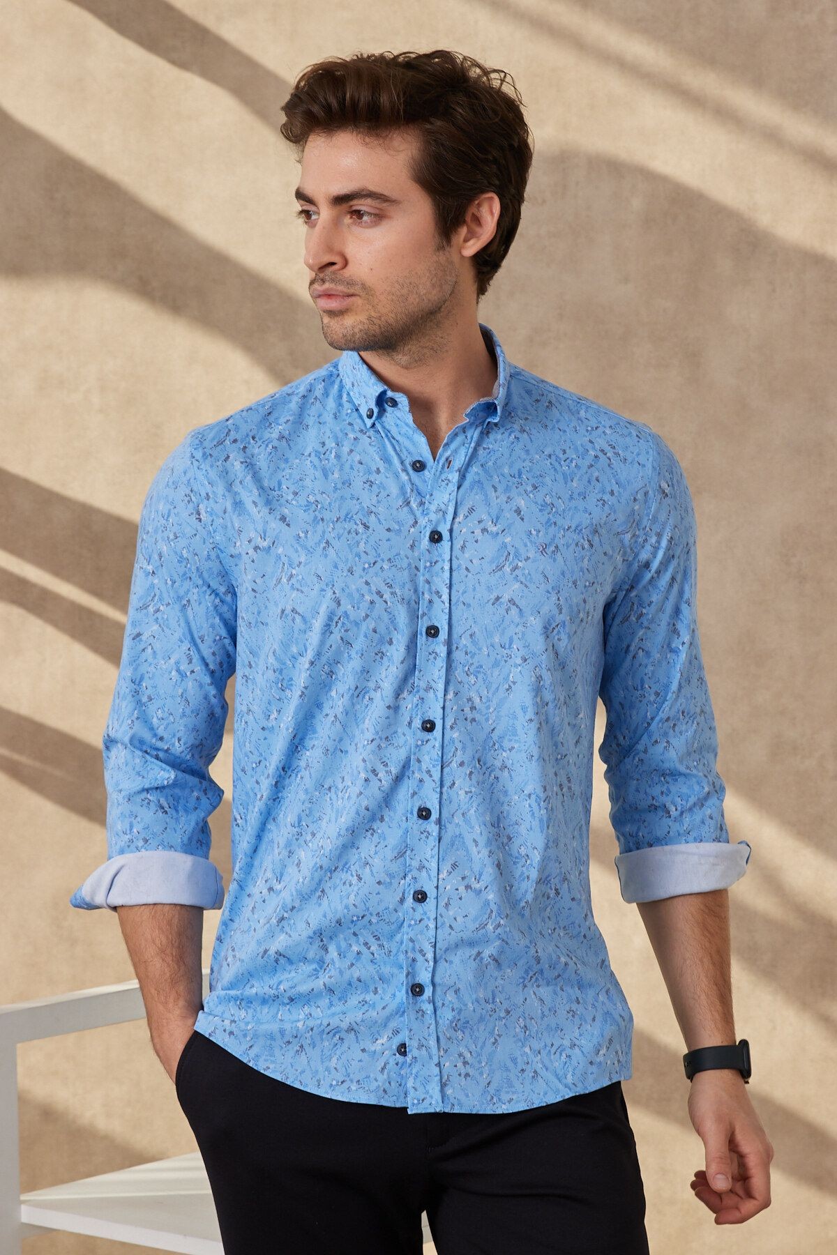 Erkek Baskılı Mavi Modern Slim Fit Uzun Kol Gömlek