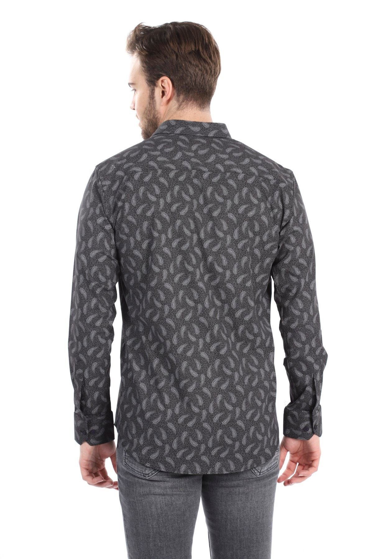Baskılı Siyah Slim Fit Gömlek