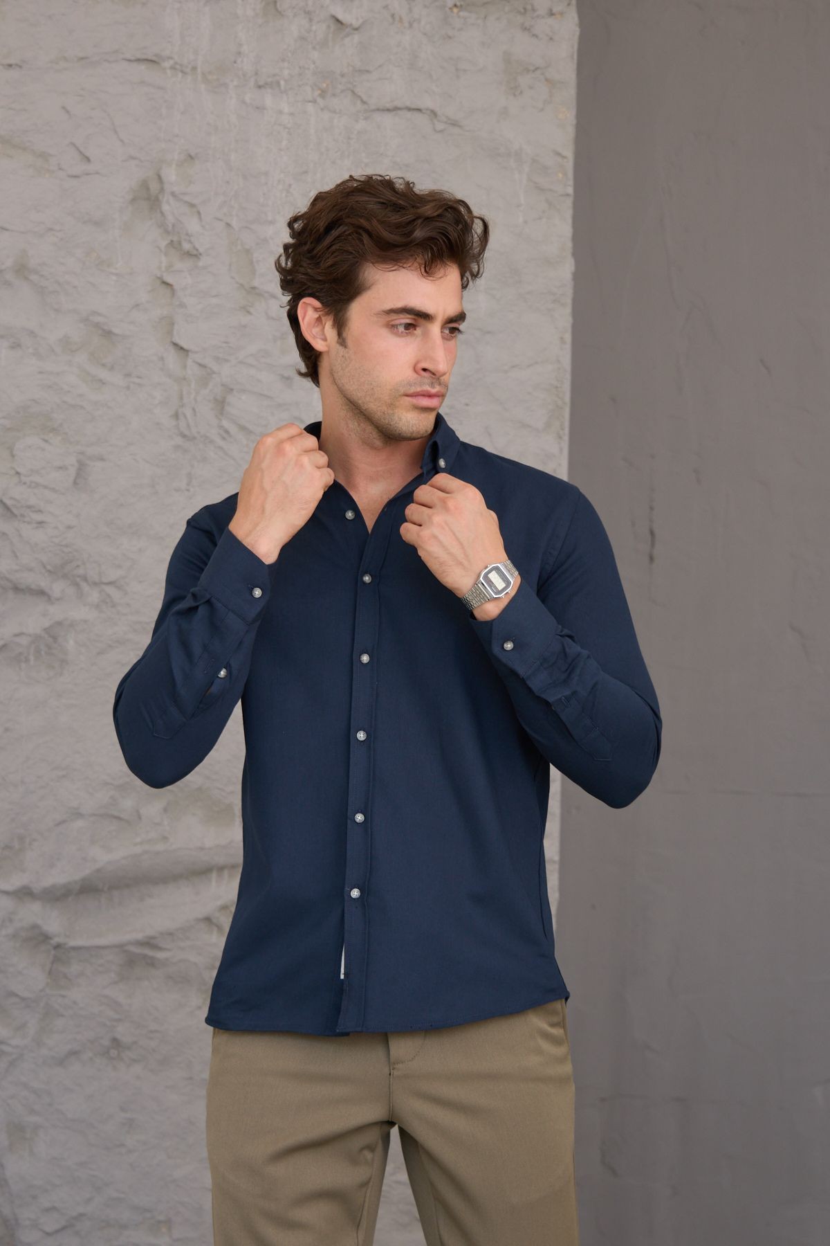 Erkek Gömlek Pamuklu Fitilli Kadife Düğmeli Yaka Modern Slim Fit Dar Kesim