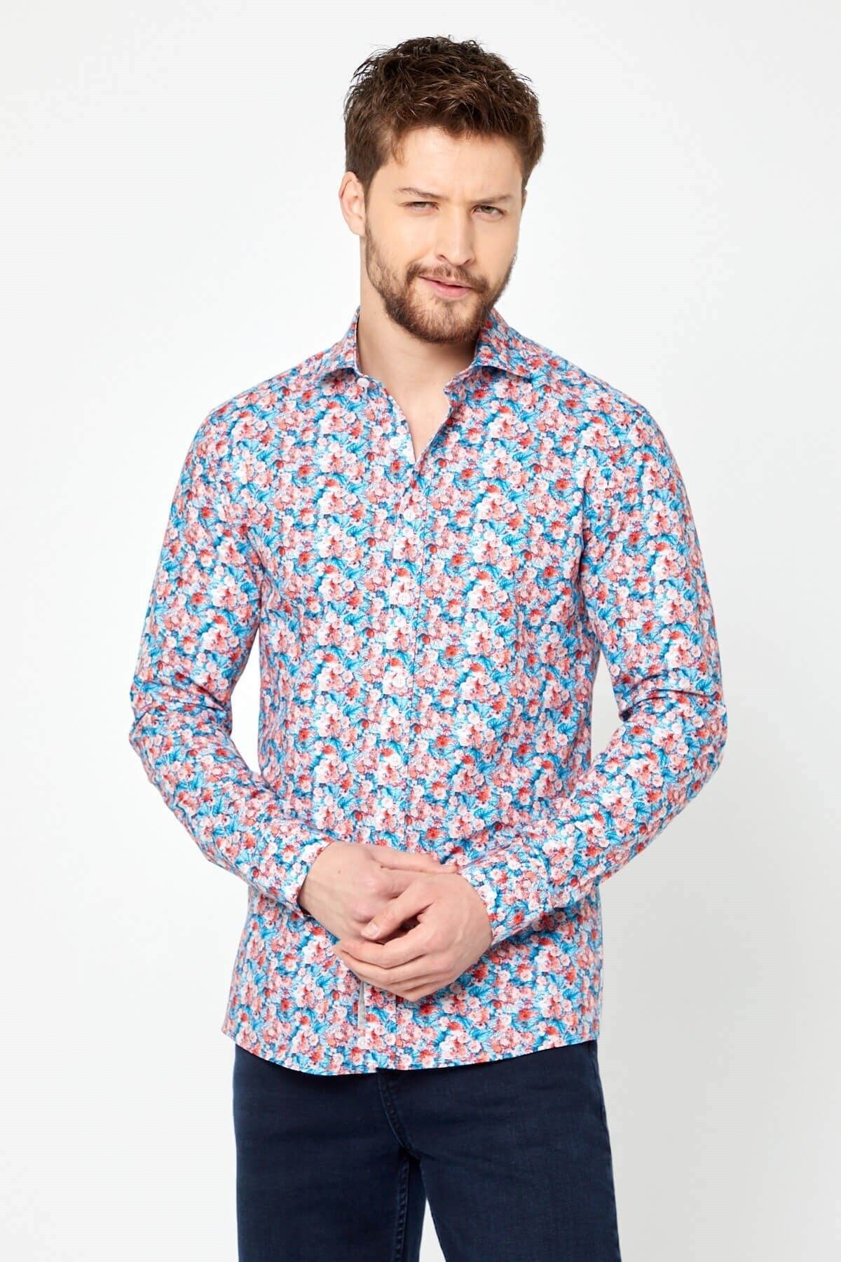 %100 Pamuk Turkuaz Çiçek Baskılı Slim Fit Uzun Kol Gömlek