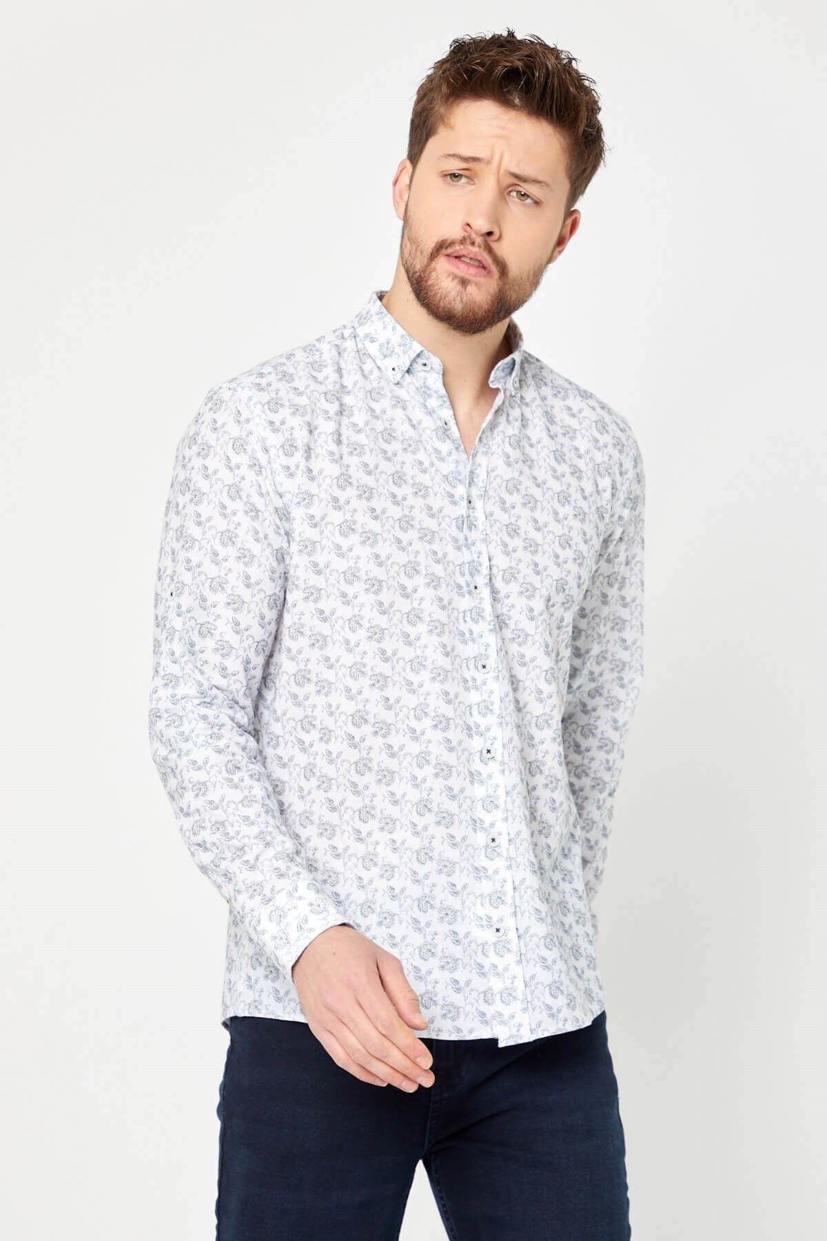 %100 Pamuk Keten Lacivert Baskılı Slim Fit Uzun Kol Keten Gömlek