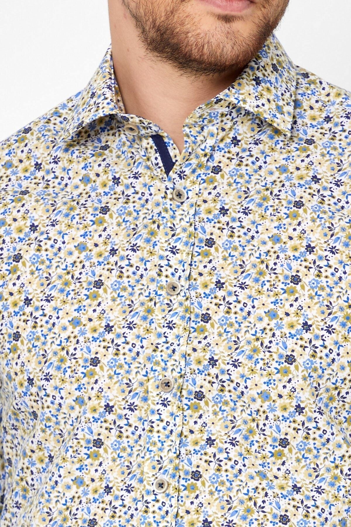 Yeşil Çiçek Baskılı Slim Fit Uzun Kol Gömlek