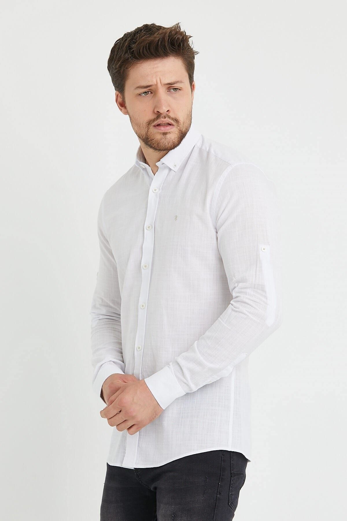 Keten Beyaz Slim Fit Uzun Kol Gömlek
