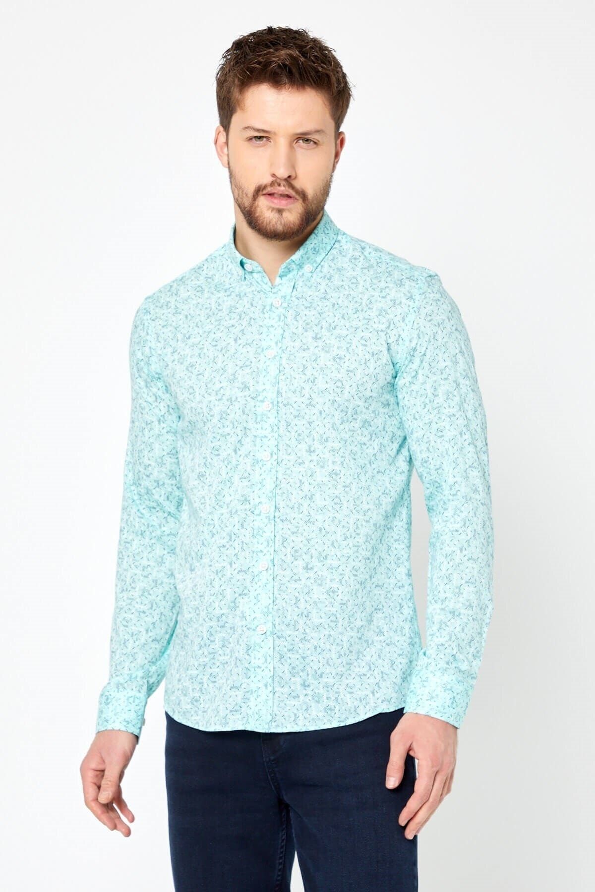 Pamuk Keten Baskılı Yeşil Slim Fit Uzun Kol Gömlek