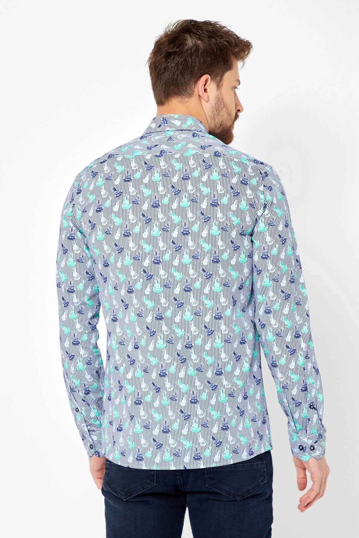 %100 Pamuk Çizgi Baskılı Slim Fit Uzun Kol Gömlek