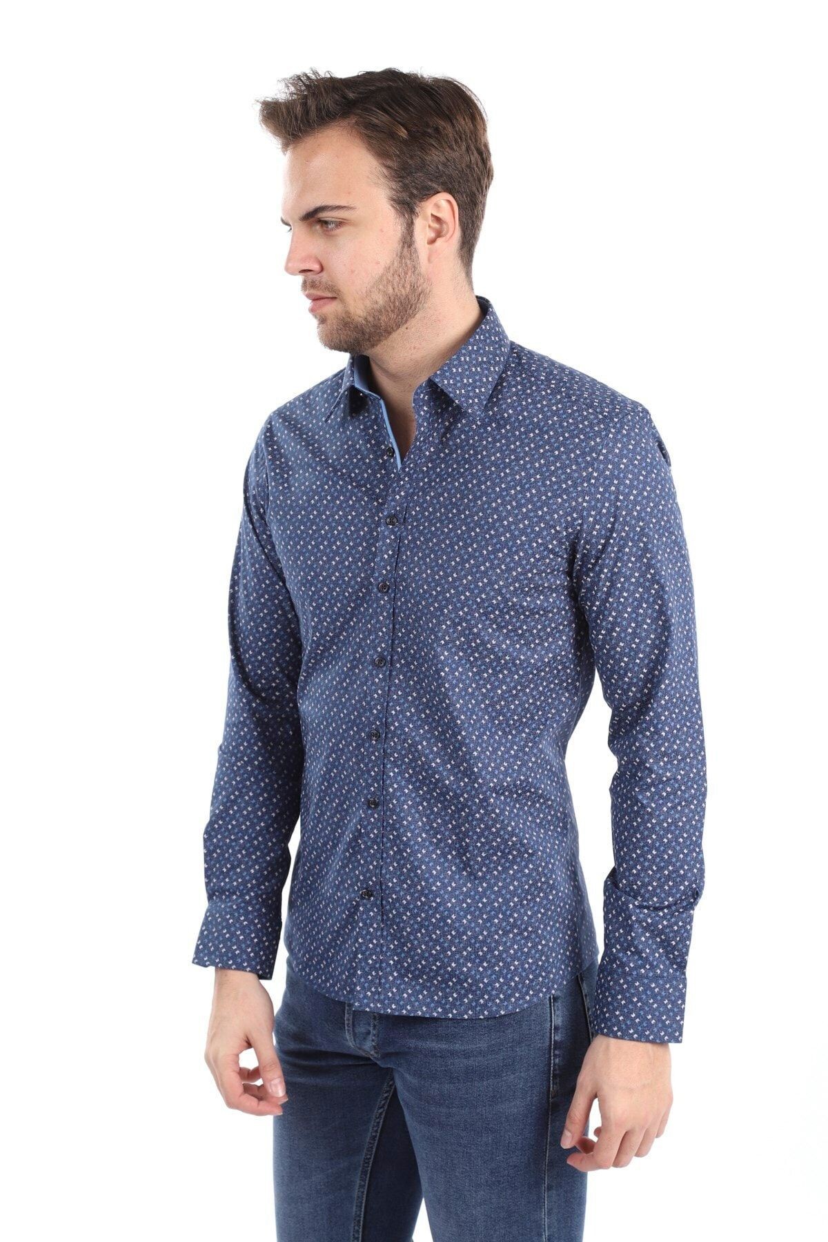 Baskılı Lacivert Slim Fit Gömlek