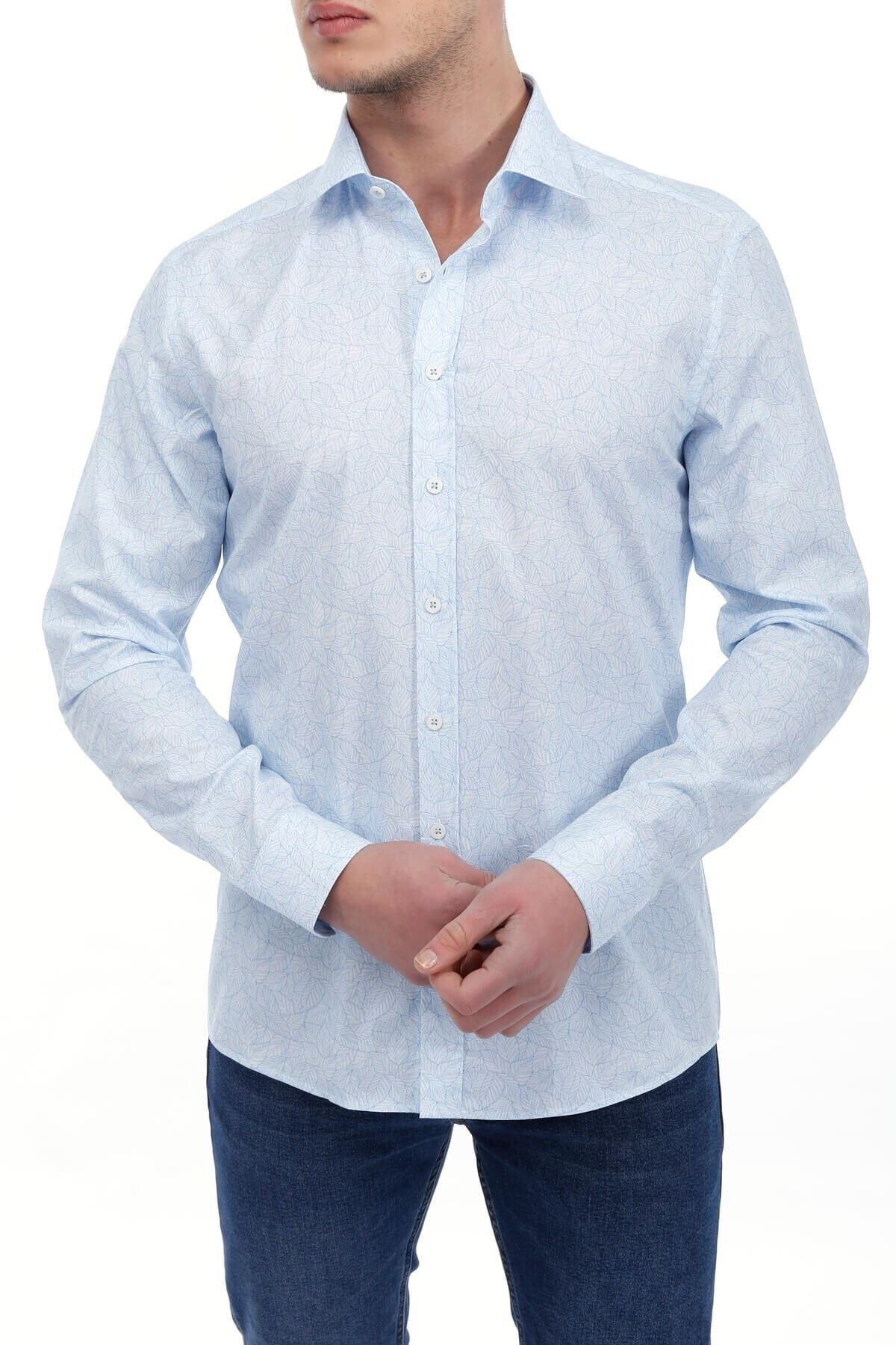Baskılı Mavi Slim Fit Gömlek