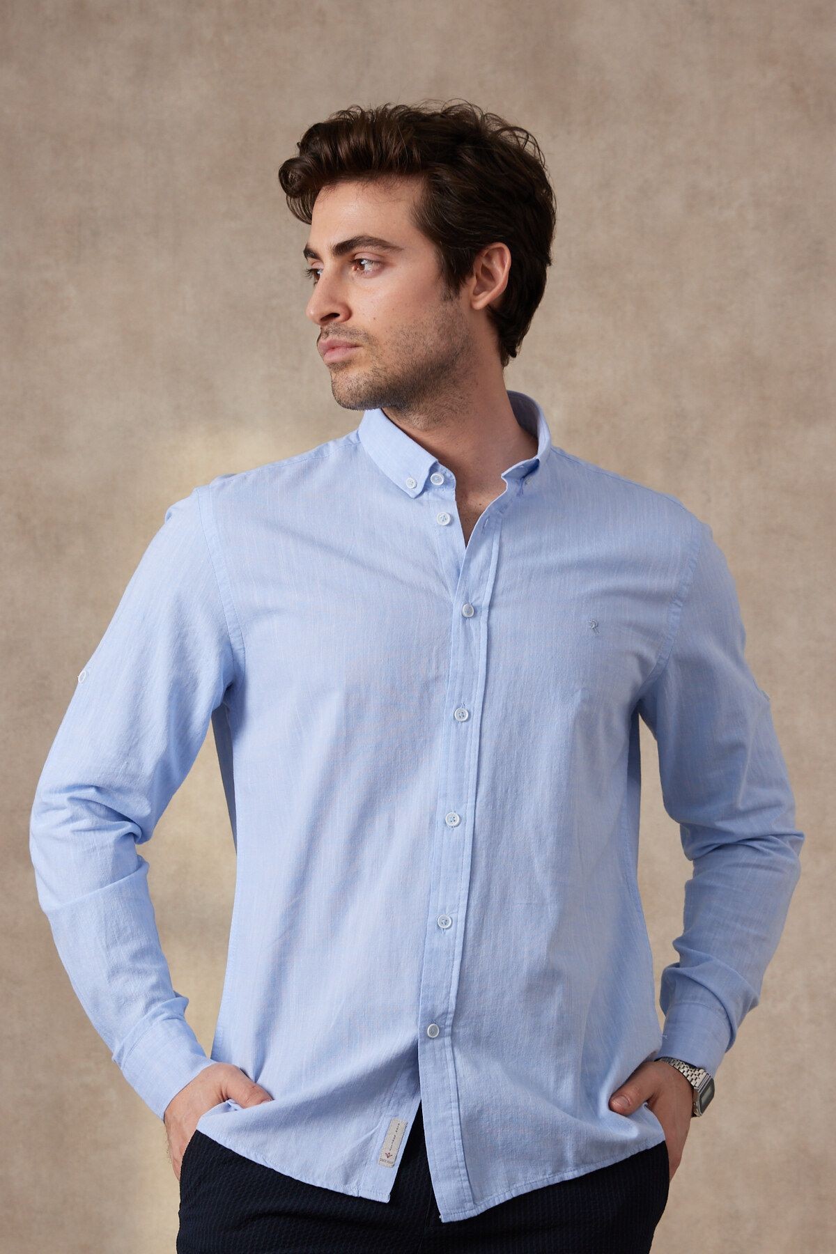 Erkek Pamuk Uzun Kol Yaka Düğmeli Modern Slim Fit Gömlek