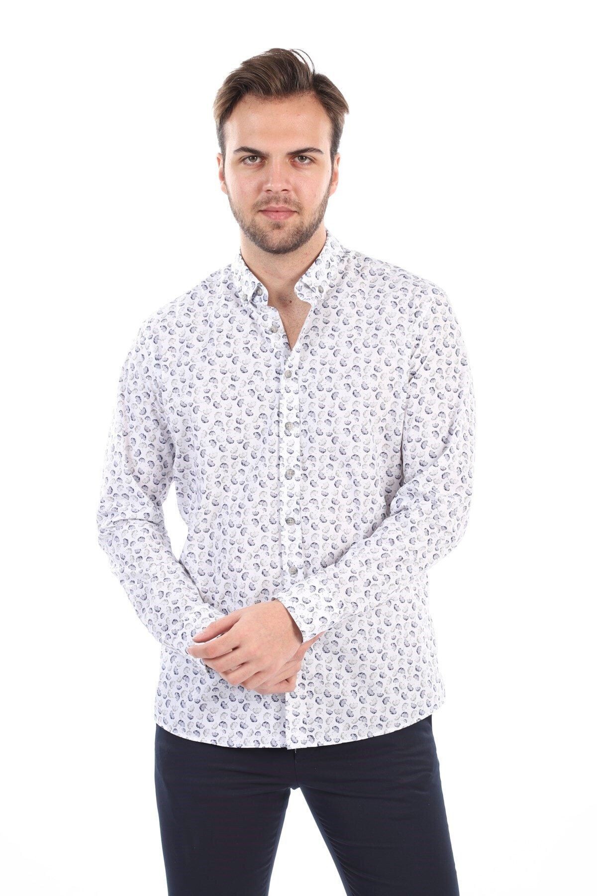 Baskılı Beyaz Slim Fit Gömlek