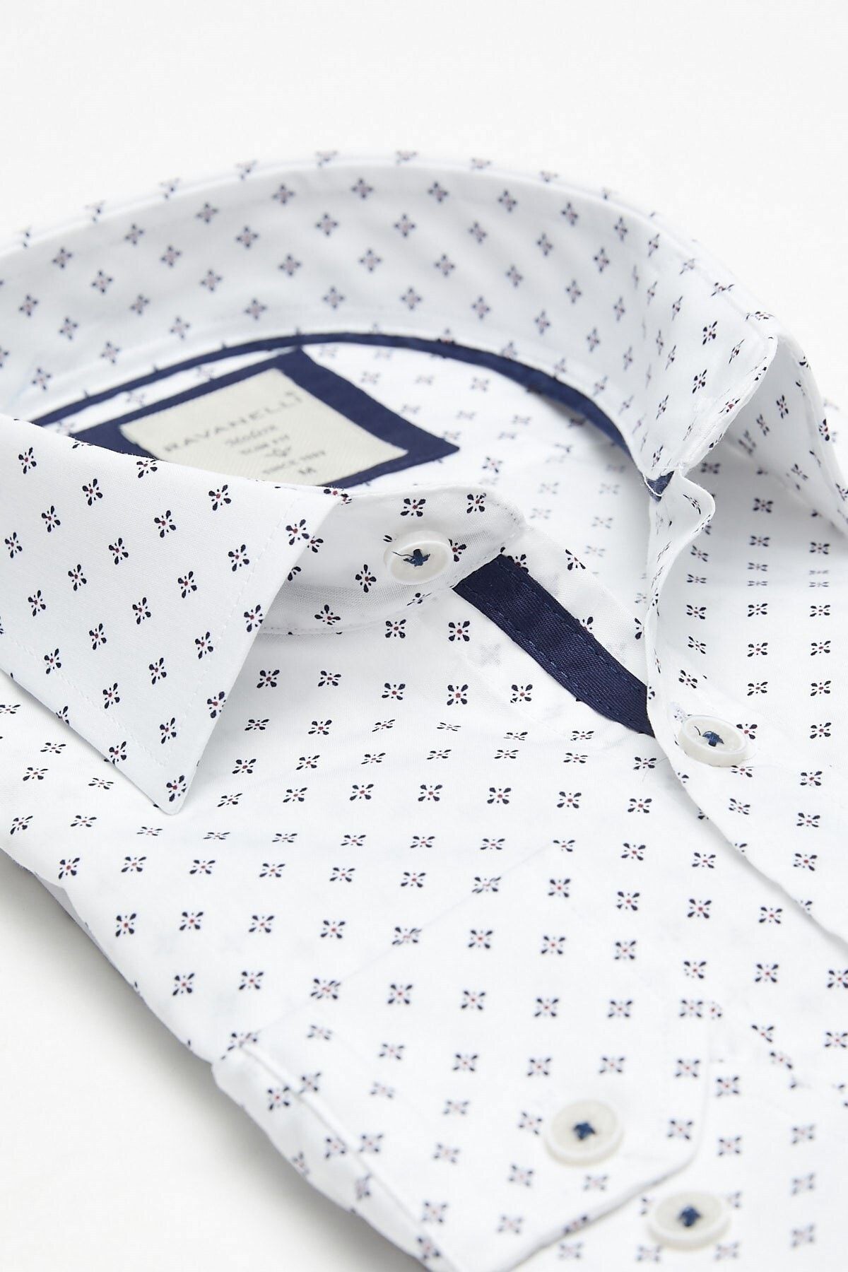 Lacivert Baskılı Beyaz Slim Fit Uzun Kol Gömlek