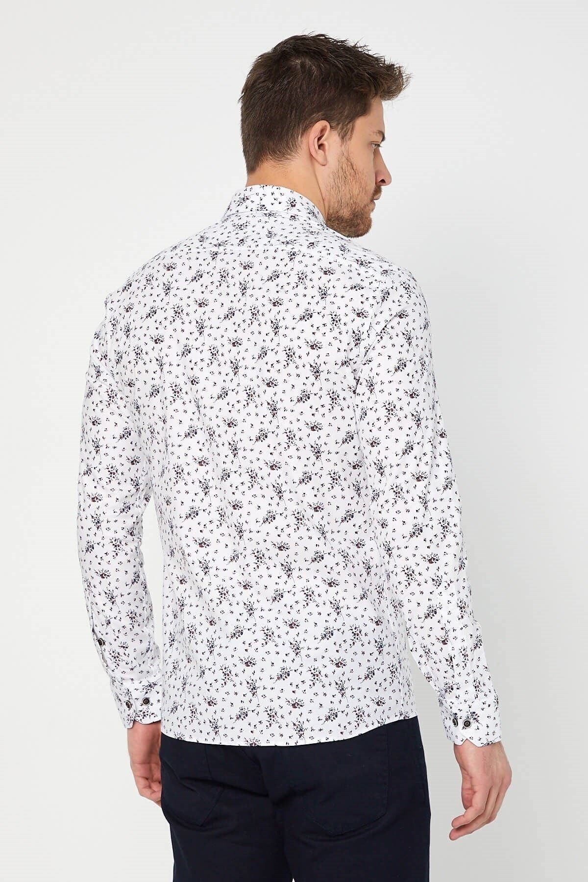 Lacivert Baskılı Beyaz Slim Fit Uzun Kol Gömlek