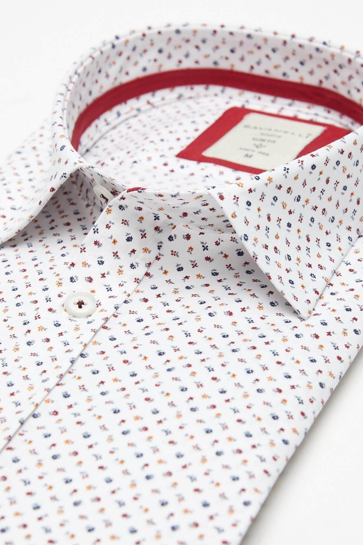 Bordo Baskılı Beyaz Slim Fit Uzun Kol Gömlek