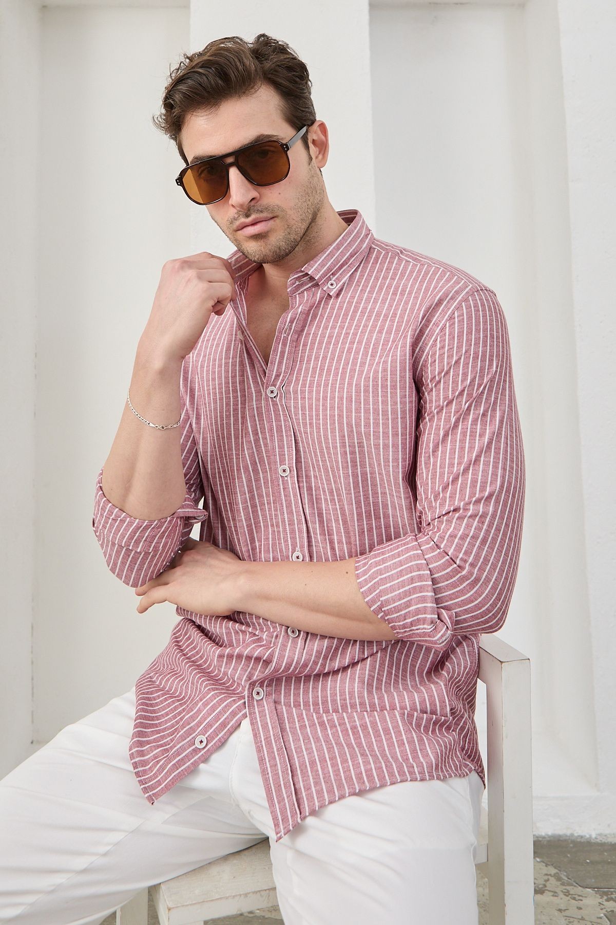 Erkek Çizgili Pamuk Keten Modern Slim Fit Gömlek