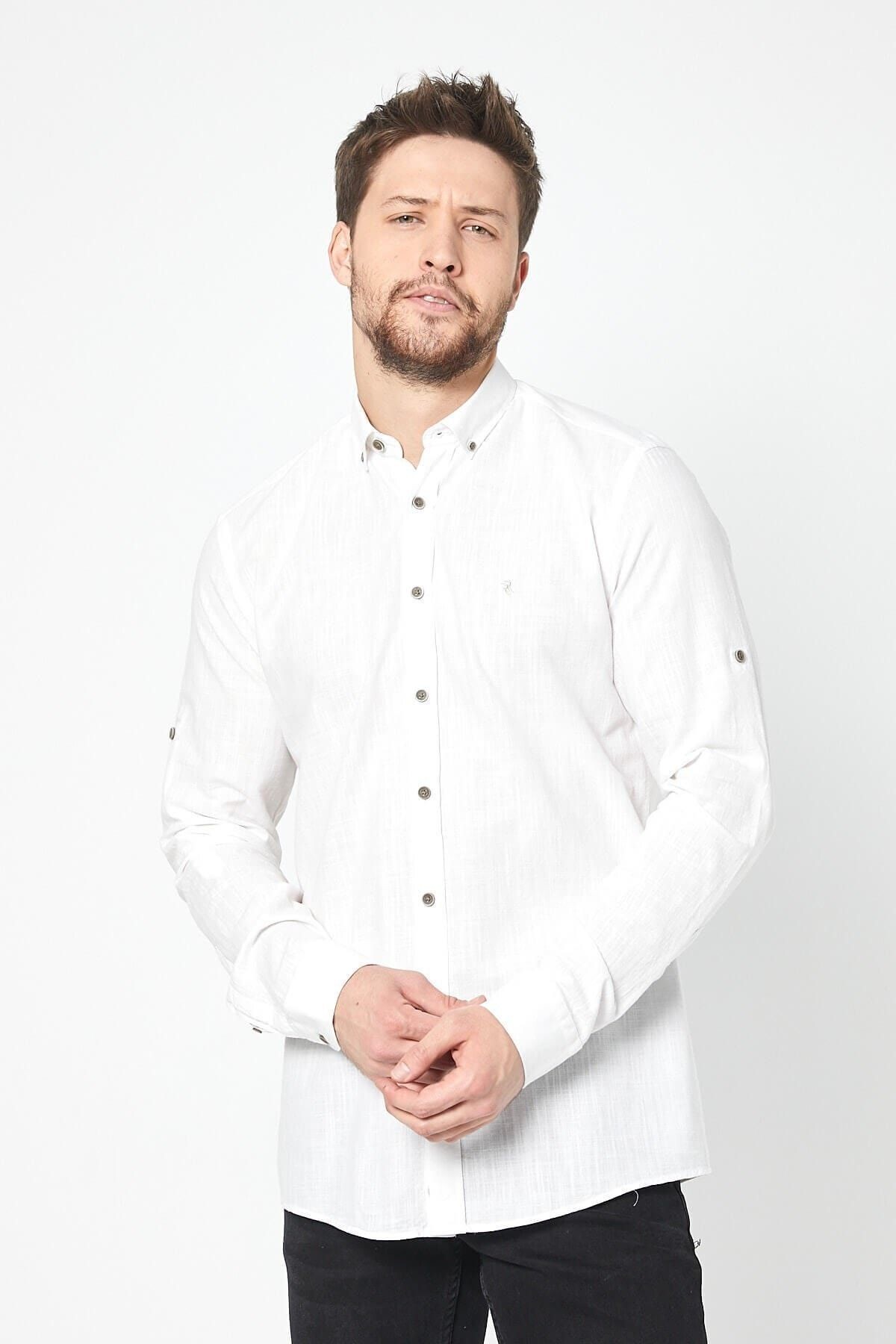 Keten Kırık Beyaz Slim Fit Uzun Kol Gömlek