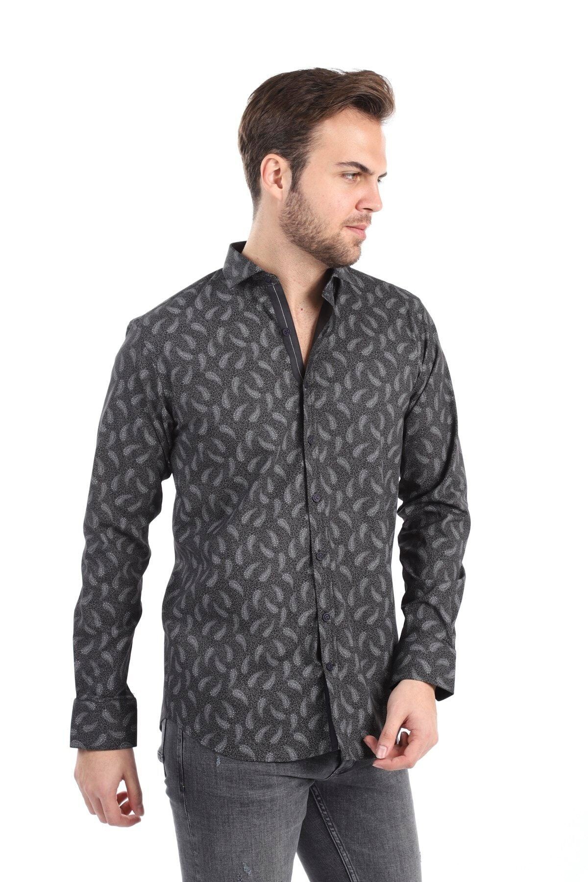 Baskılı Siyah Slim Fit Gömlek