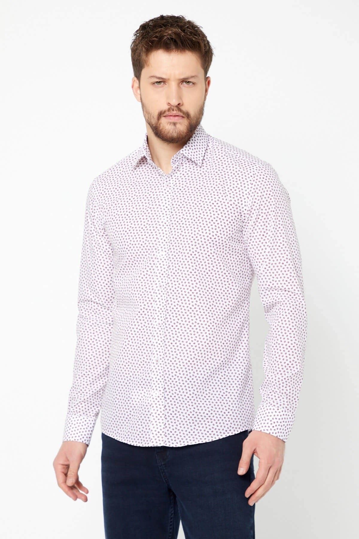 Bordo Çiçek Baskılı Beyaz Slim Fit Uzun Kol Gömlek