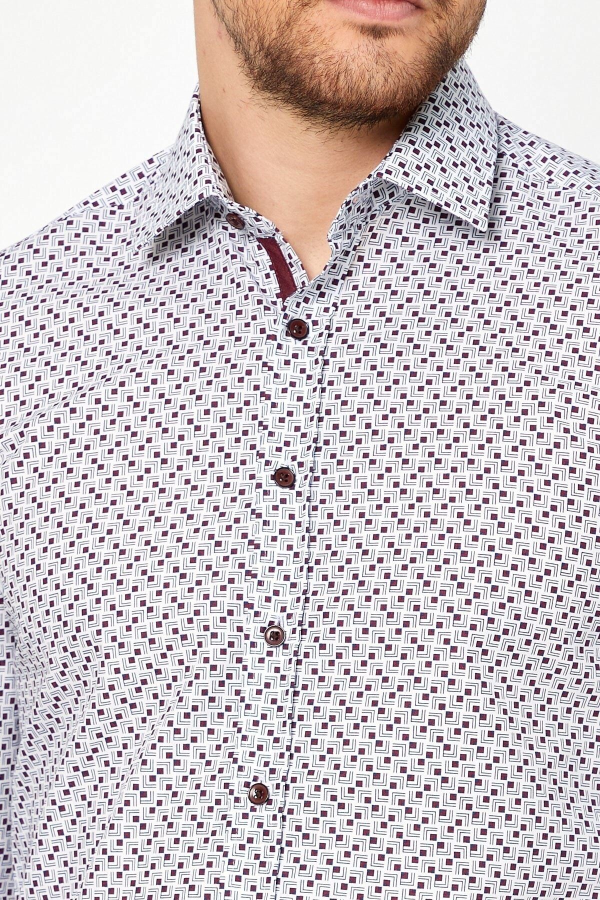 Bordo Baskılı Beyaz Slim Fit Uzun Kol Gömlek