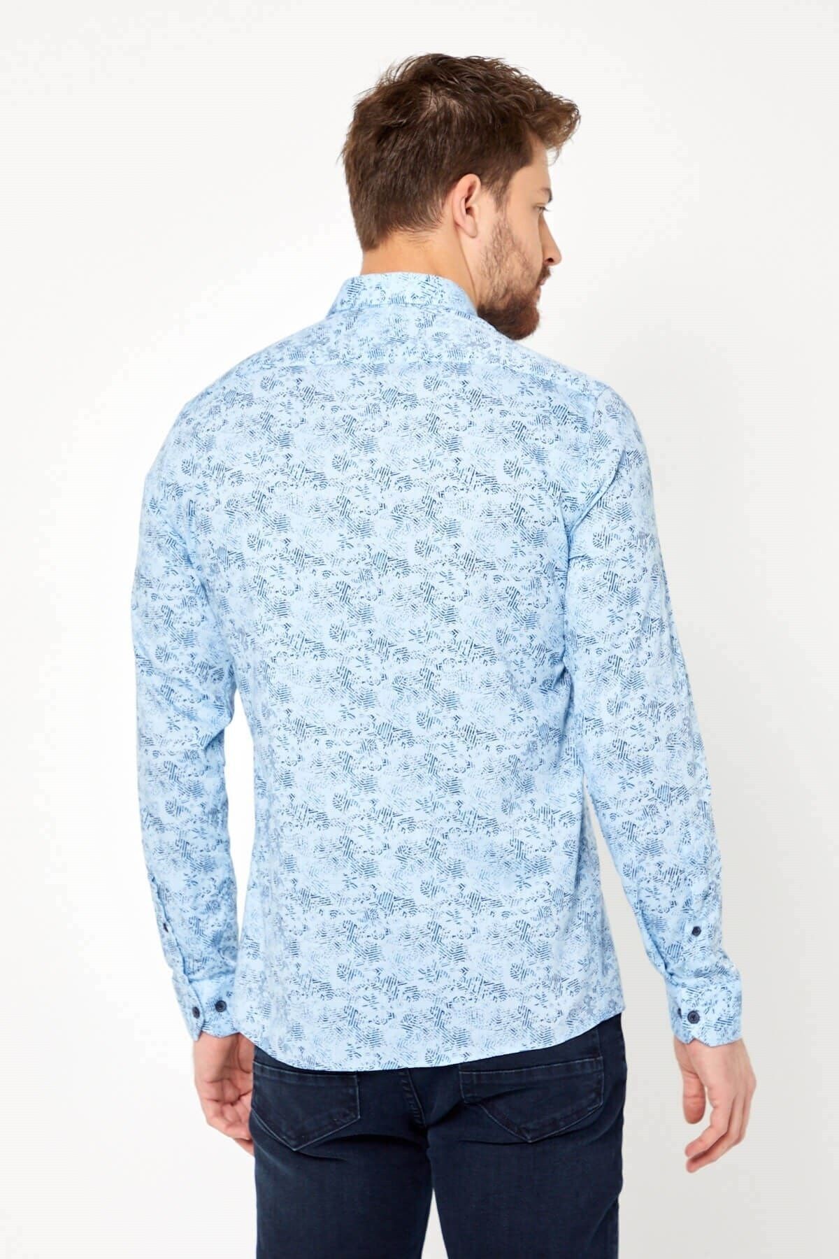 Pamuk Keten Baskılı Mavi Slim Fit Uzun Kol Gömlek