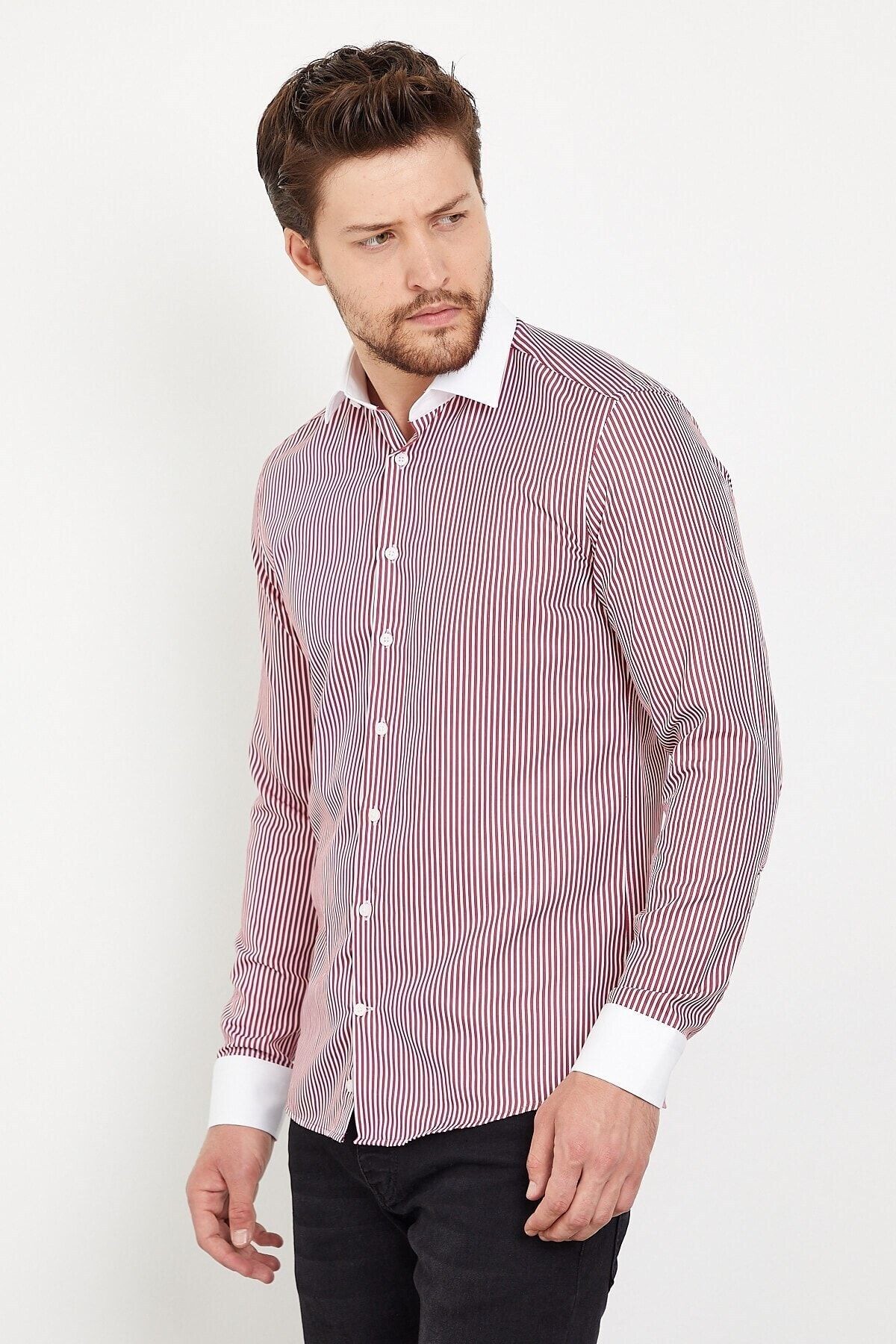 Beyaz Yakalı Bordo Beyaz Çizgili Slim Fit Uzun Kol Gömlek
