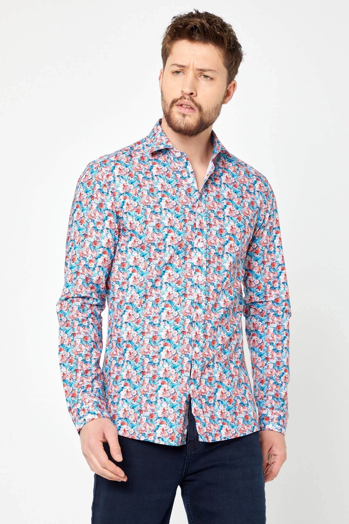 %100 Pamuk Turkuaz Çiçek Baskılı Slim Fit Uzun Kol Gömlek