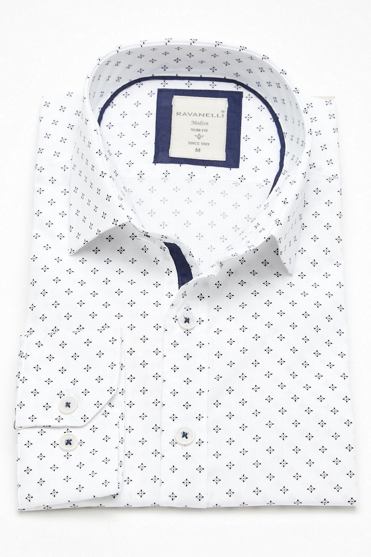 Lacivert Baskılı Beyaz Slim Fit Uzun Kol Gömlek