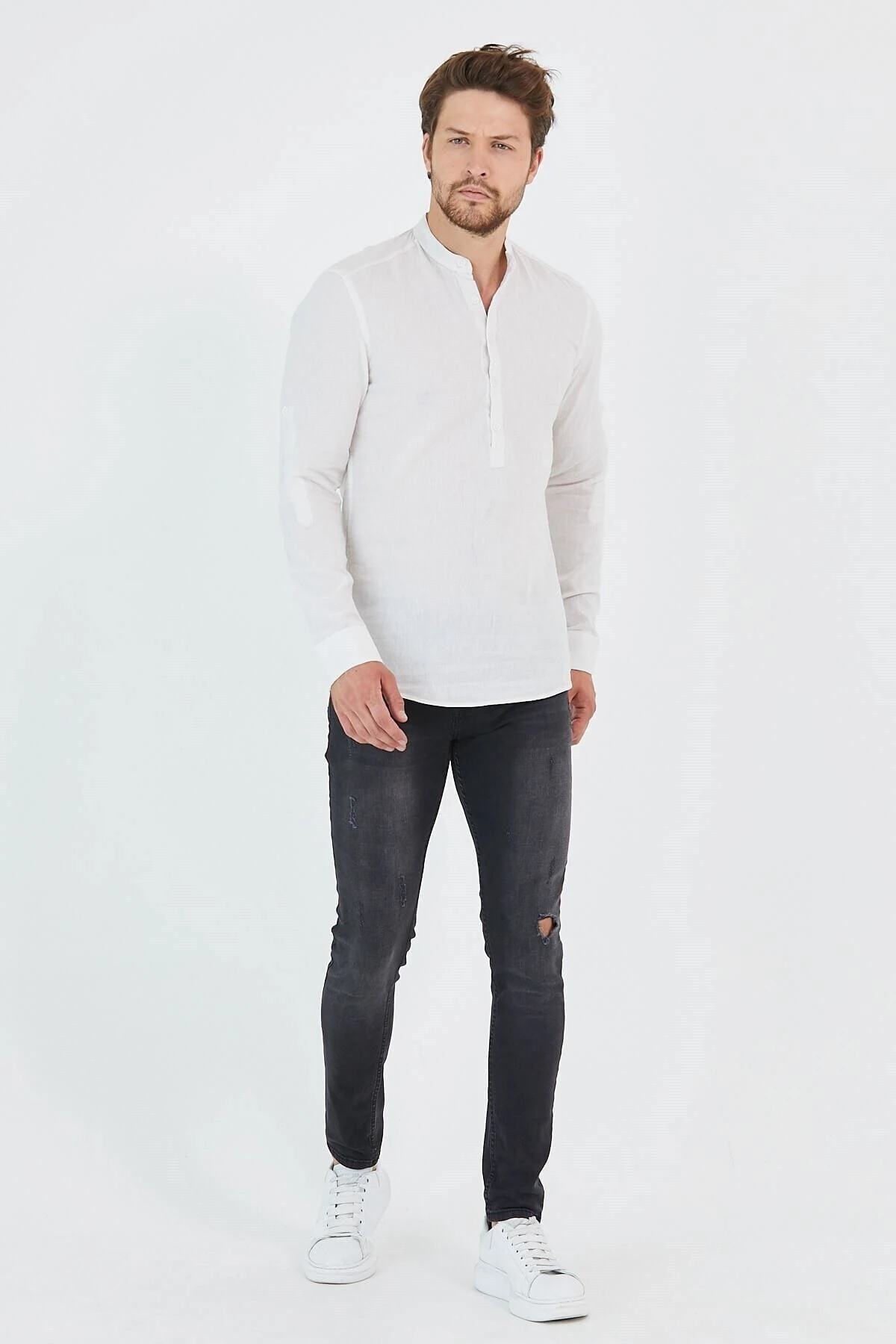 Keten Hakim Yaka Yarım Pat Kırık Beyaz Slim Fit Uzun Kol Gömlek