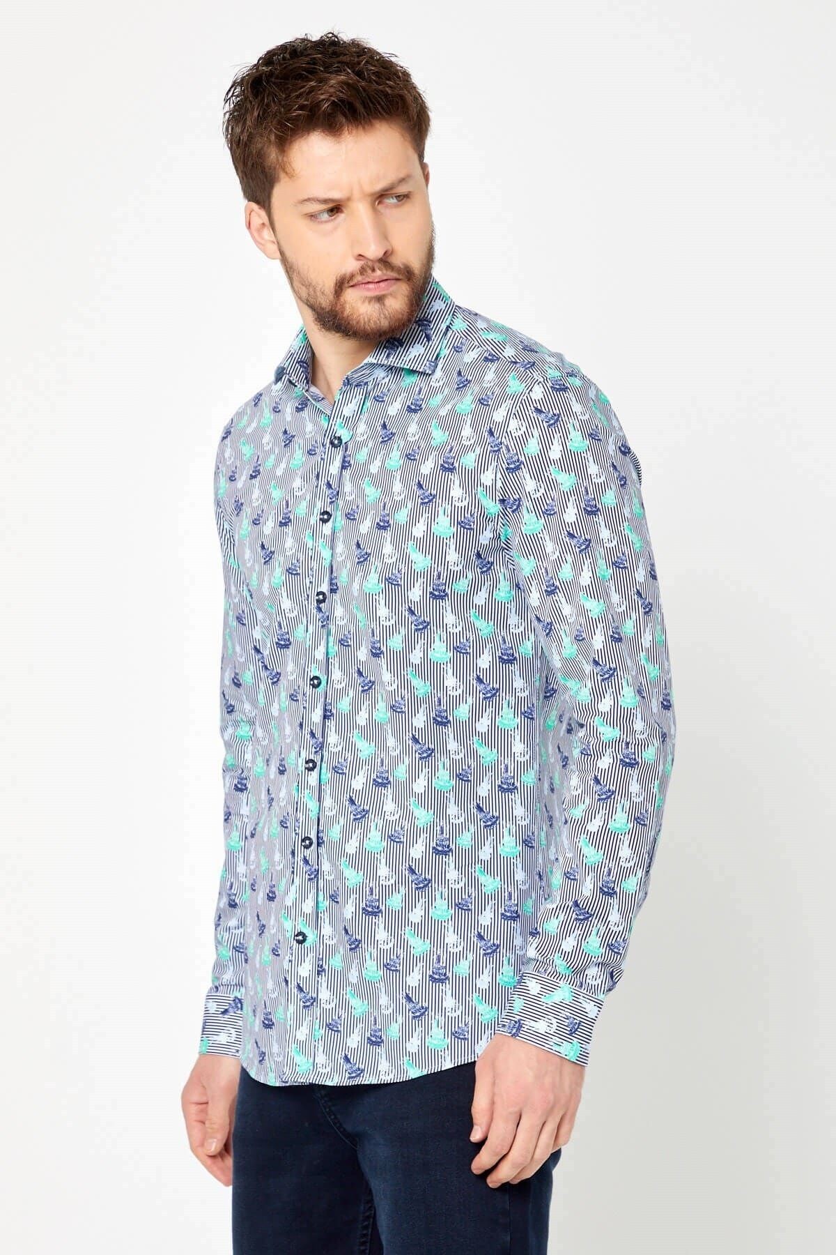%100 Pamuk Çizgi Baskılı Slim Fit Uzun Kol Gömlek